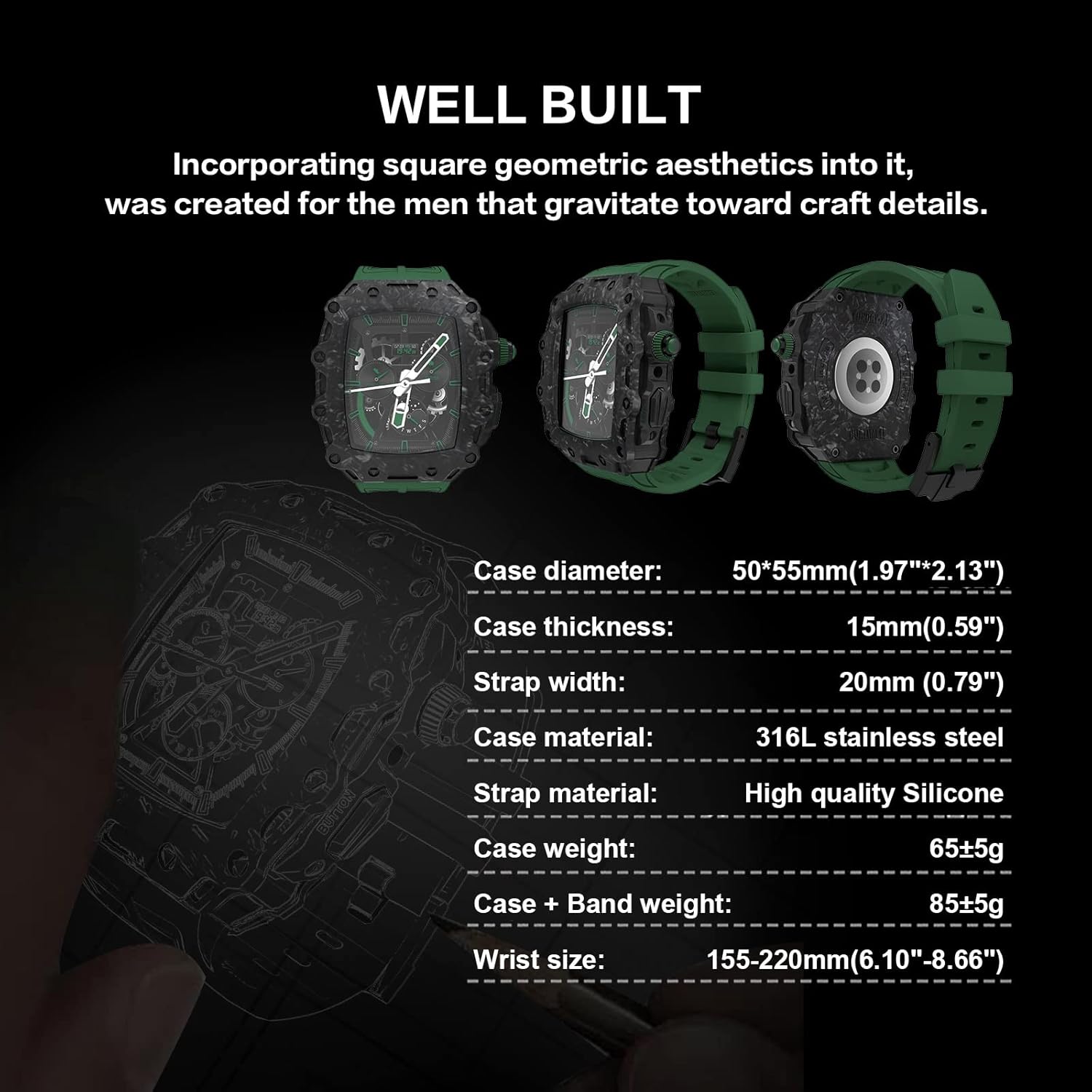 Carbon Fiber Watch Case Bumper Cover Silicone Strap，For Apple Watch 45mm 44mm Series 9 8 7 45mm 6/5/4/SE 44mm Watch Upgrade Replace Strap Modification kit