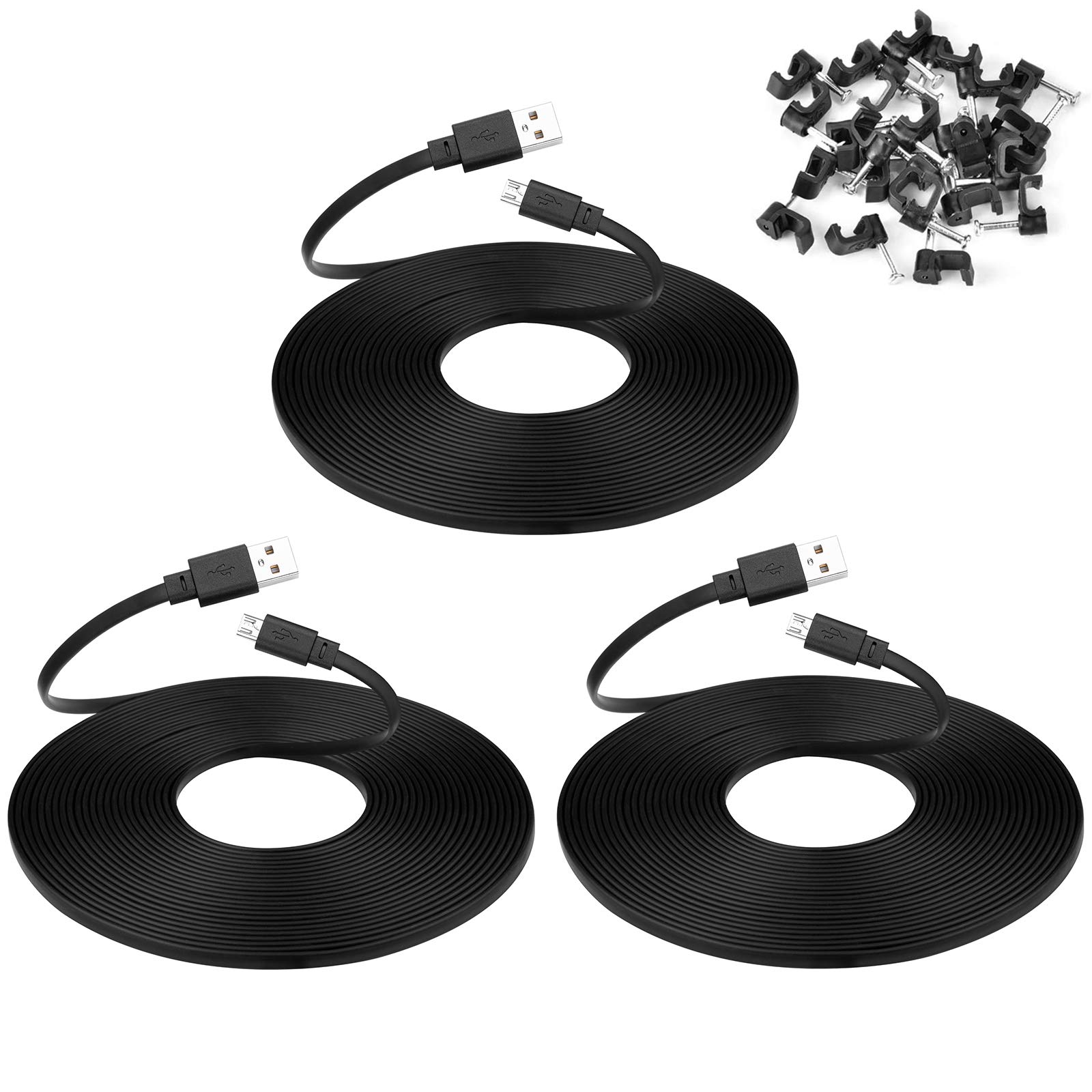 Smays 3-Pack 25 ft Extension Cable for WYZE Cam v4, WYZE Cam v3 and v3 Pro Camera, Long Flat Micro USB Cord, Black