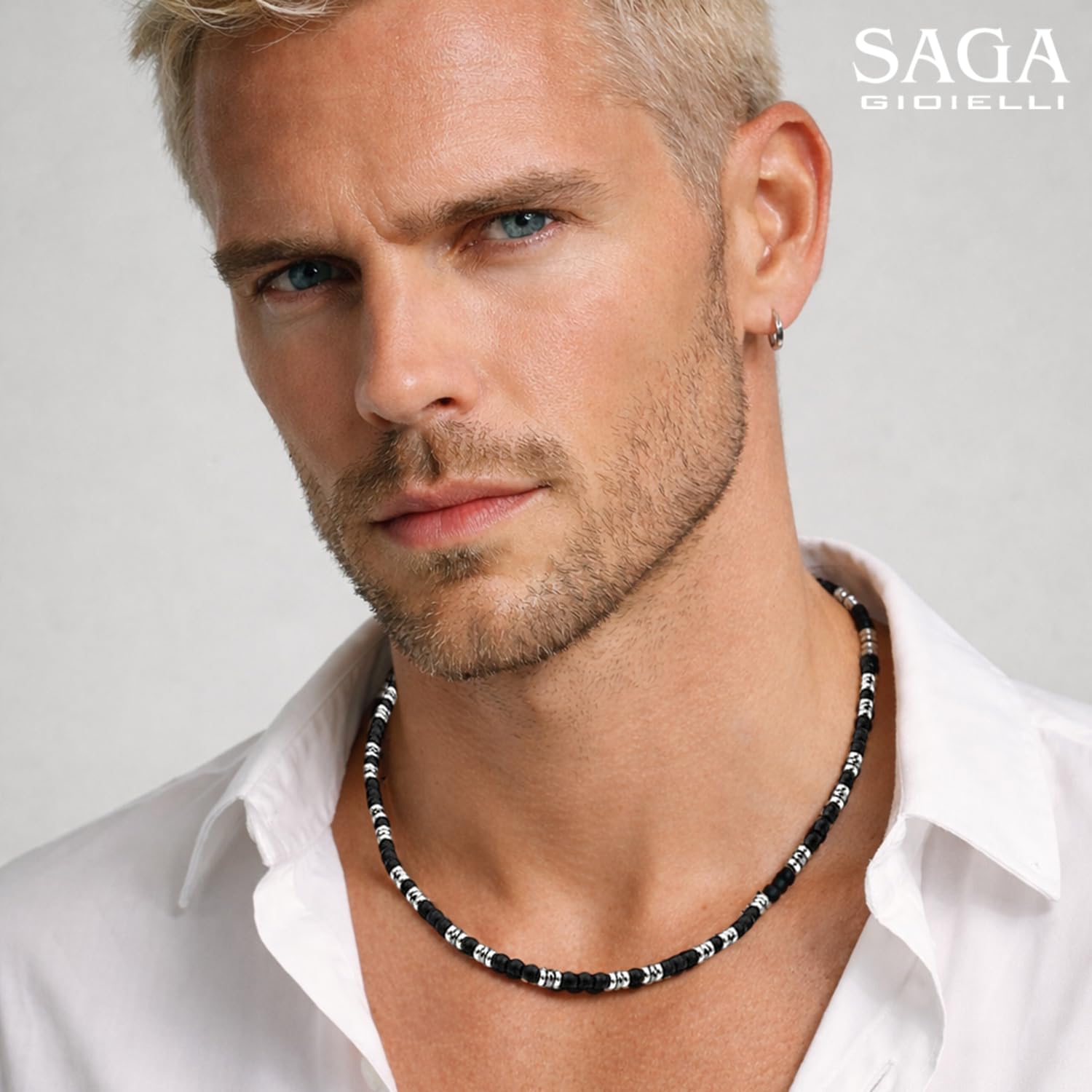 SAGA GIOIELLI® Collana Uomo con pietre naturali lapislazzuli e inserti in Acciaio Inox - Regalo Uomo Fidanzato Marito Acciaio - Confezione Regalo (Lunghezza 50 cm + 5,5 cm)