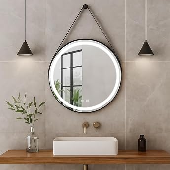 Trintion LED Bathroom Mirror with Lighting 60 cm Round - Touch Switch Anti-Fog Dimmable - Bathroom Mirror with Light for Makeup & Rasu Removable Leather Strap
