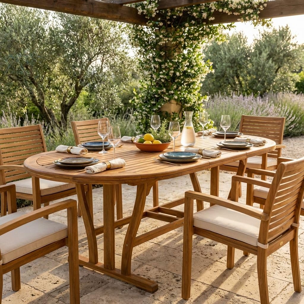 MilaniHome Tavolo Ovale Allungabile in Legno di Acacia 180/240 X 100 per Esterno Giardino Portico Ristorante Bar Hotel Albergo Agriturismo