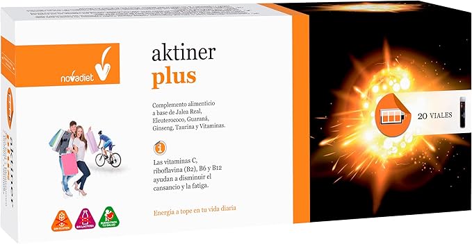 Novadiet AKTINER PLUS Viales con Jalea Real, Guaraná, Ginseng y Vitaminas - Complemento para Reducir Cansancio y Mejorar Rendimiento