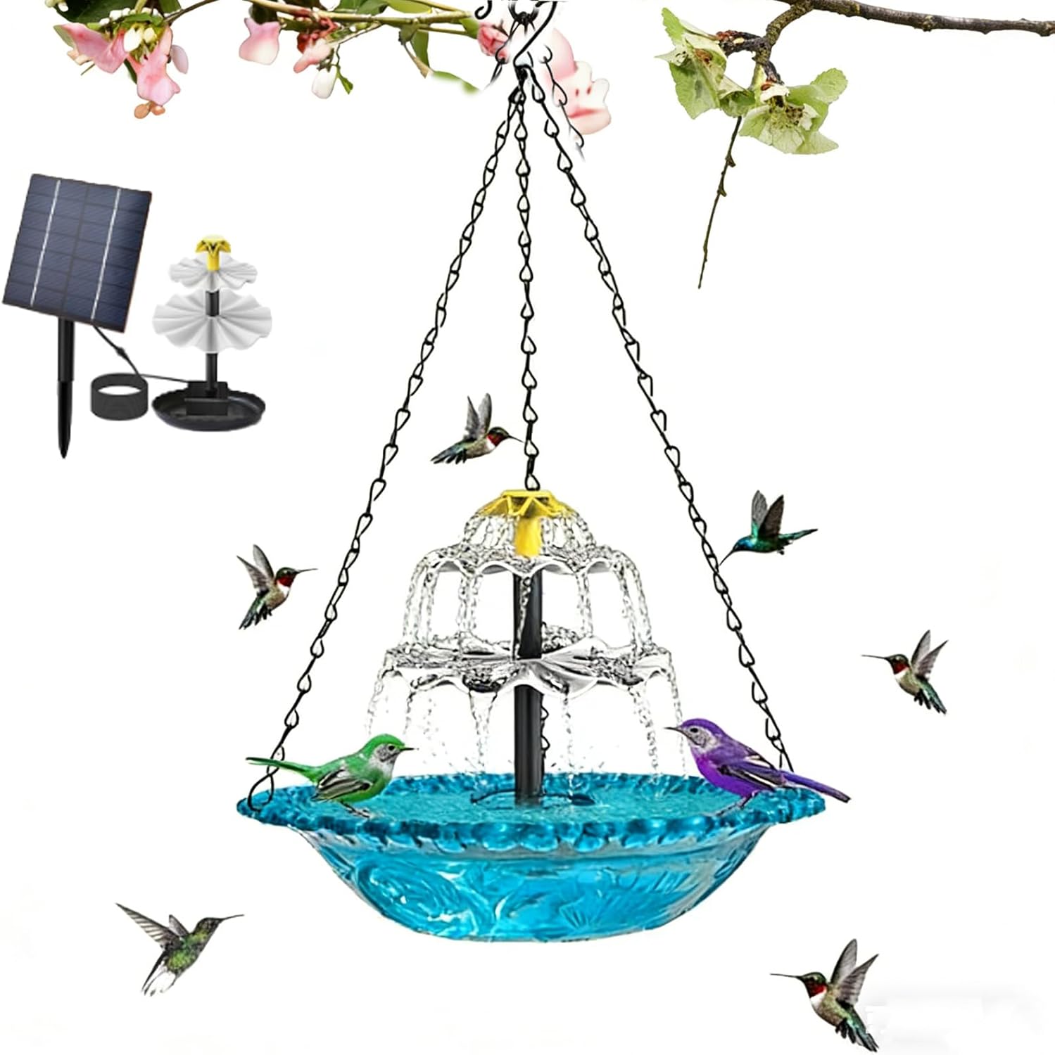 Solar Cascading Water Fountain, Cascading Bird Bath Fountains Solar Power, Solar Cascade Hanging Bird Bath Fountain, Hanging Birdbath with Solar Fountain for Outdoor Garden Decor (B-Blue)