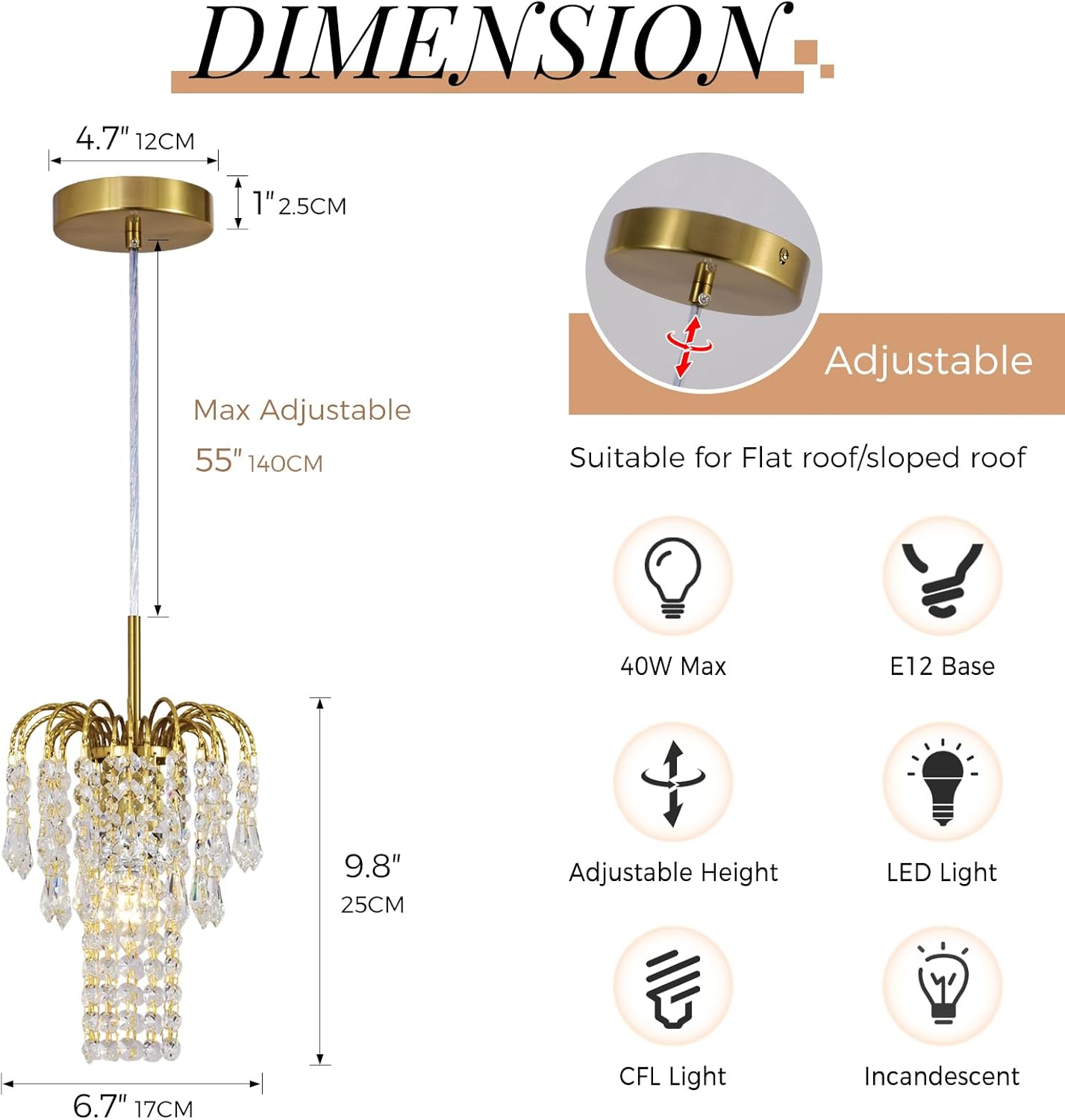 Small Crystal Chandeliers for Dining Room, 1 Light Modern Coppe Gold Chandelier Light Fixture, Raindrop Crystal Ceiling Hanging Pendant Light for Kitchen Island Living Room Hallway Bathroom Bedroom
