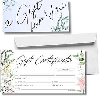 Blank Gift Certificates with Envelopes - Gift Card, Vouchers for Personal or Small Business - 3.75 X 7.5” -Heavyweight Card Stock- Set of 25- Floral