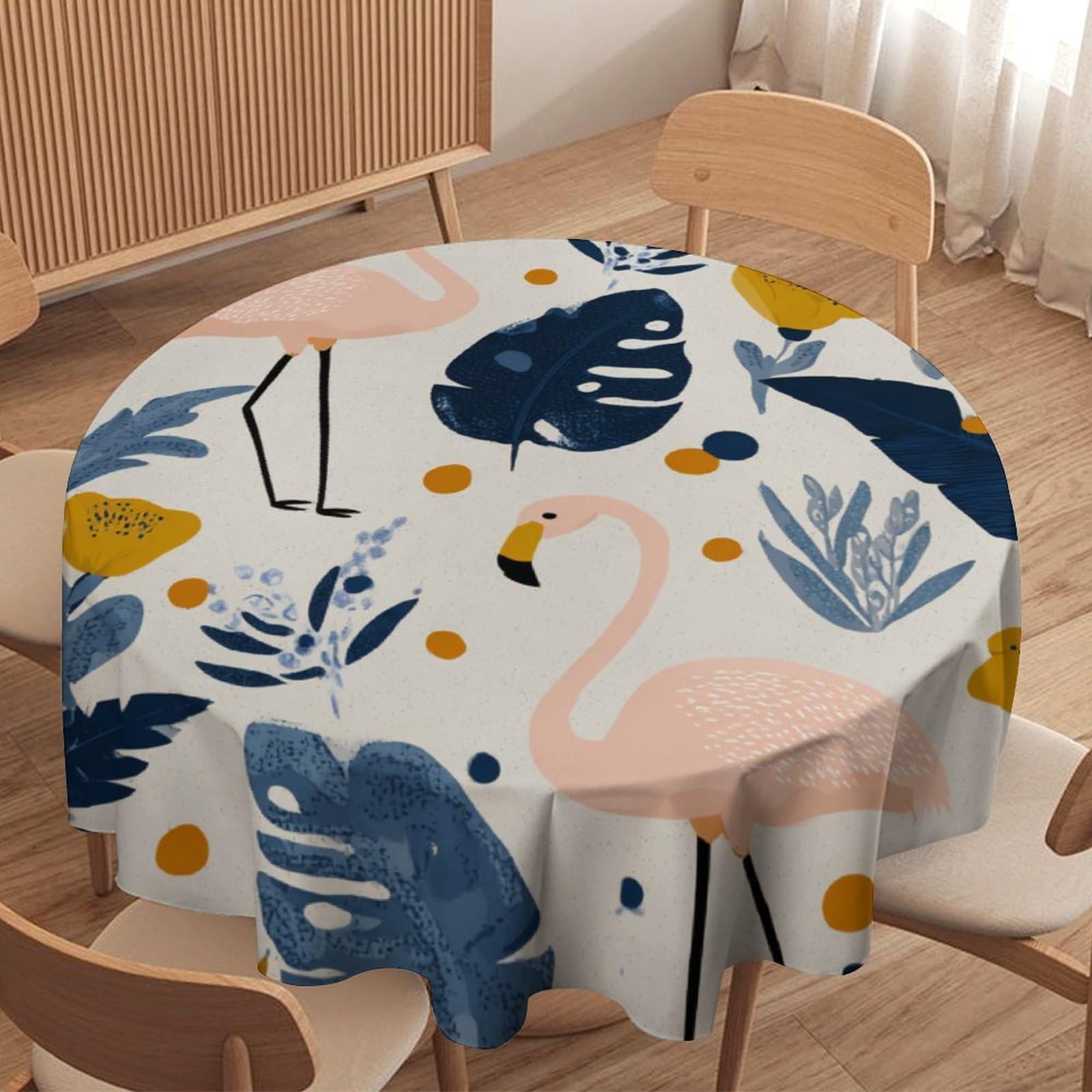 LUYYSKY Funny Classic Animal Flamingos Round Tablecloth Minimalist Silhouette Tropical Plants Palm Leaves Birds Flamingos Washable Decor for Table Cover for Kitchen-70 Wx70 L