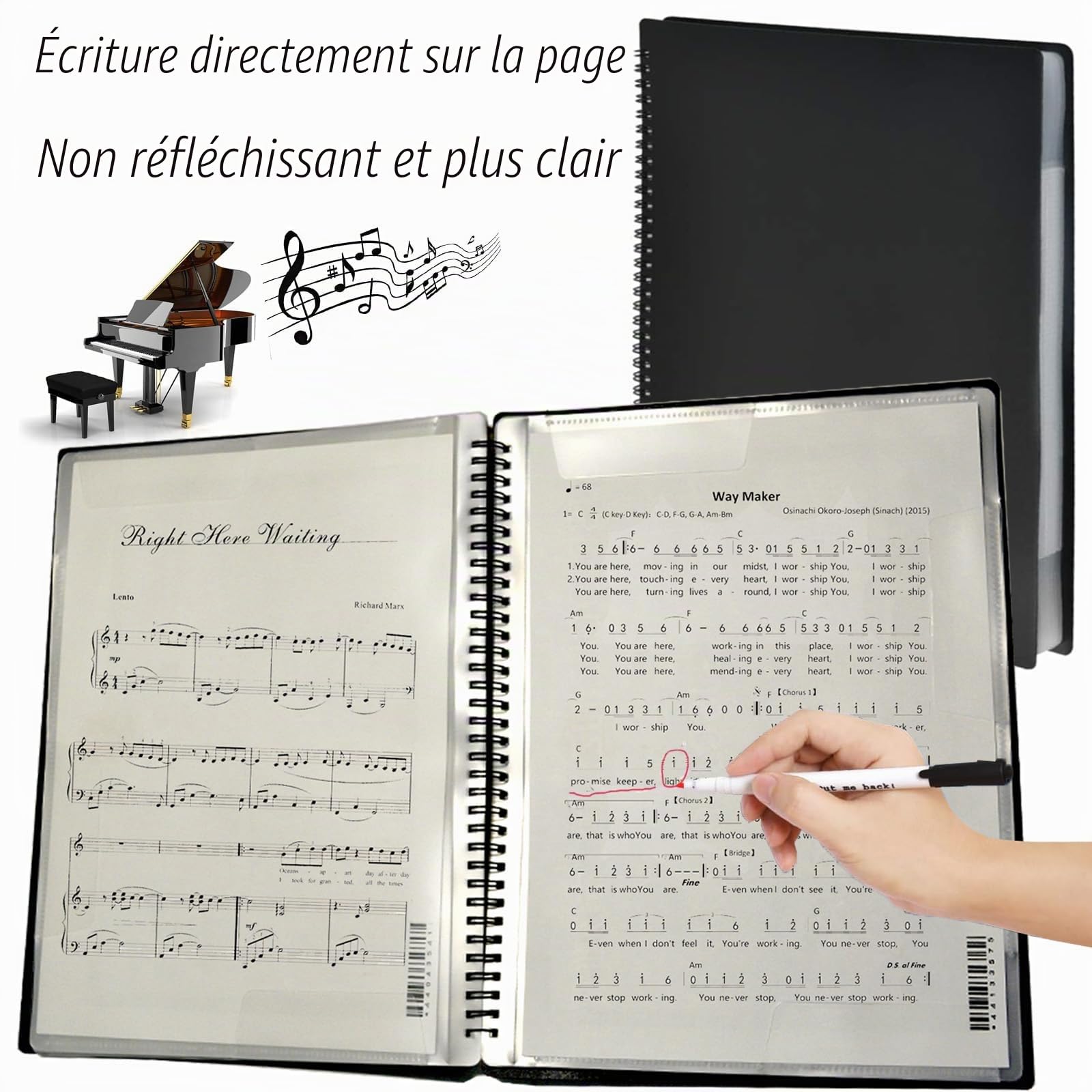 Music Sheet Classeur à partitions A4 en plastique étanche avec 60 pochettes pour partitions de musique
