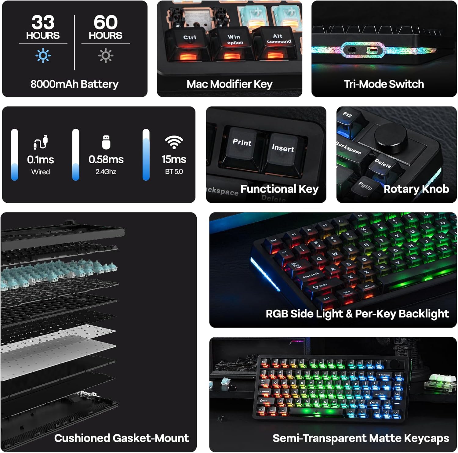 EPOMAKER HE75 V2 TMR Hall Effect Gaming Keyboard w/Changeable Knob | Rapid Triggering, 8K Polling, 0.01mm Adjustable Actuation, Hybrid Hot-Swap, Creamy & Thocky, 2.4Ghz/BT for Mac/WIN (Black)