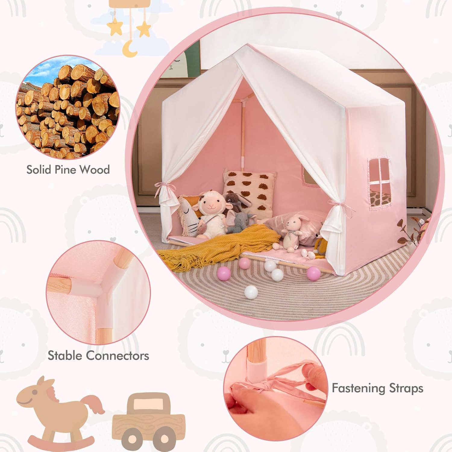 Costzon Large Kids Tent with Mat, Children's Play Tent w/Flag Banner, Windows, Gauze Curtain, Solid Wood Frame, Indoor Outdoor Kids Playhouse for Boys & Girls Age 3 + (Pink)