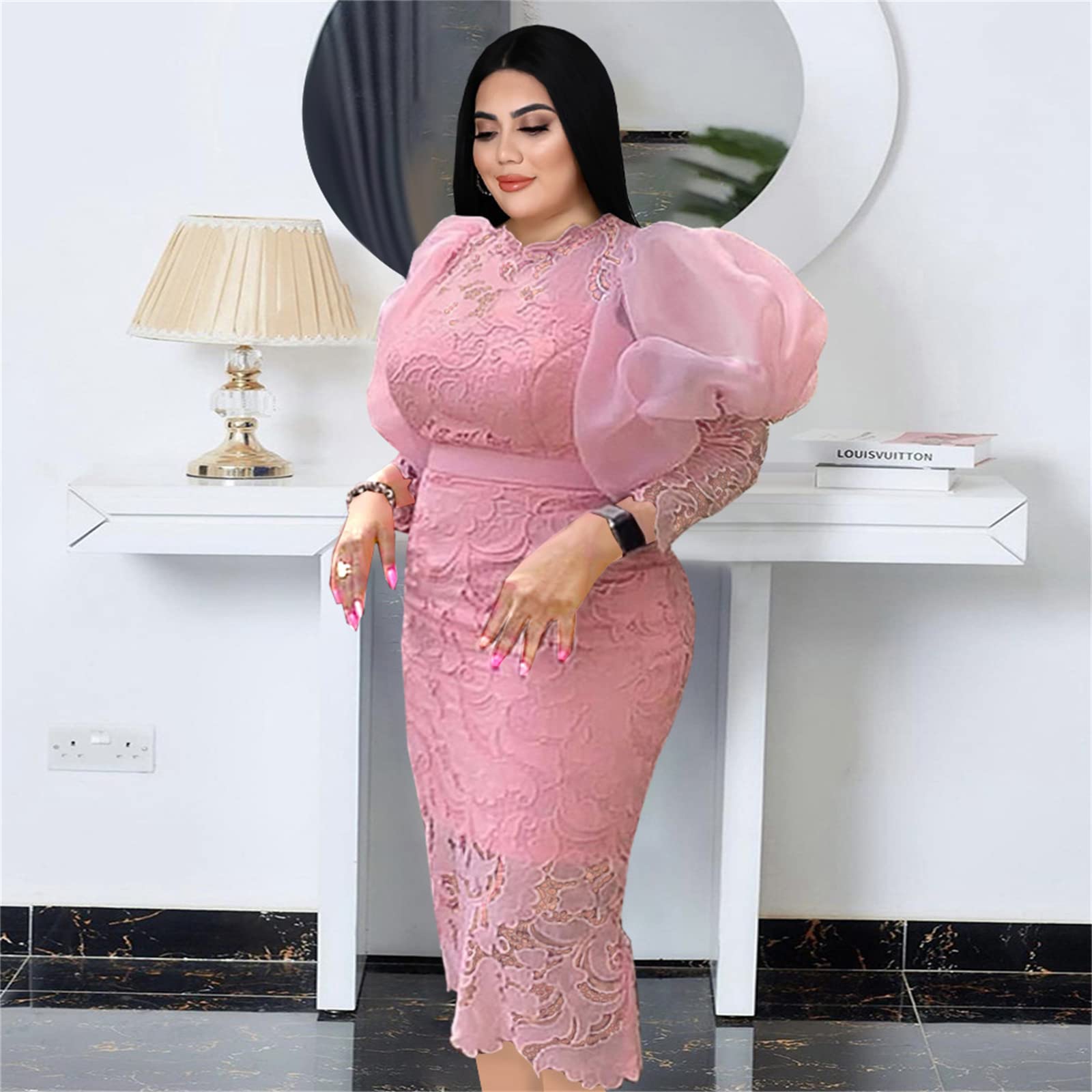 Abito da Donna in Pizzo Bianco Aderente Plus Size Abito a Tubino con Giunzione Solida a Maniche Lunghe per Cocktail Party di Matrimonio