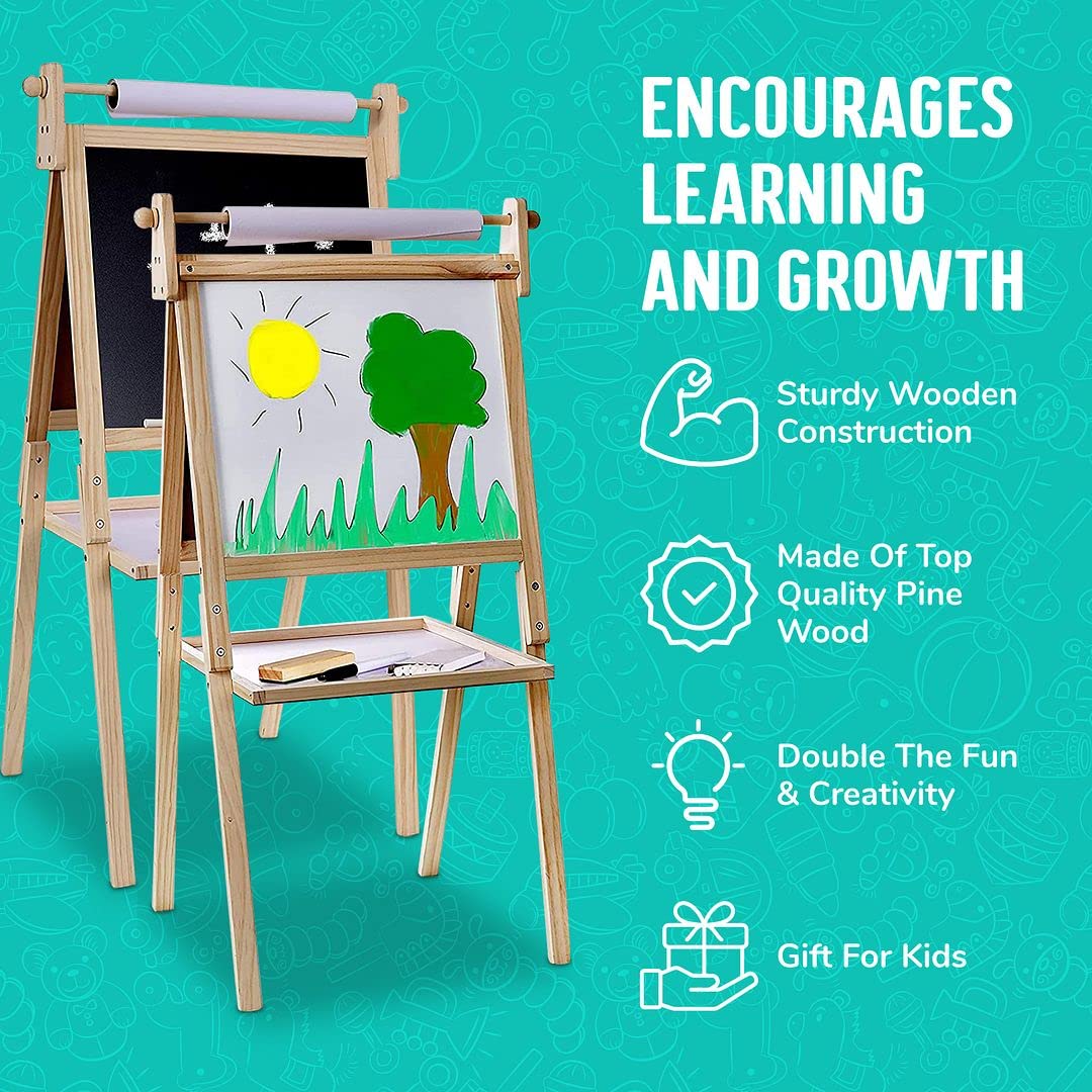 Kraftic Deluxe Standing Art Easel for Kids - Toddler Drawing Chalkboard, Magnetic Whiteboard, Dry Erase Board, Paper Roll and Accessories