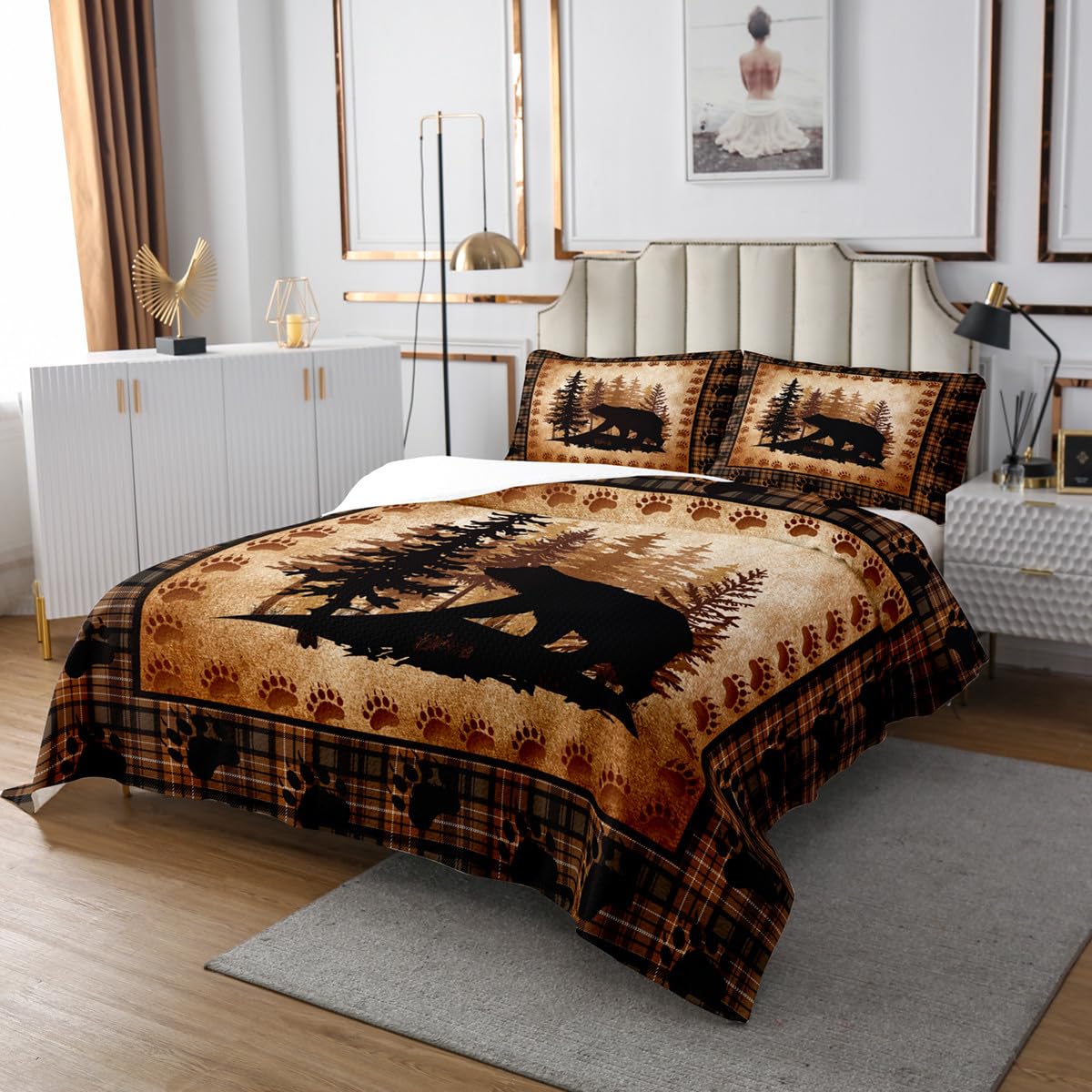 Castle Fairy Bear Print Quilt Bedding Set Queen Size,Wild Animal Hunt Pine Trees Retro Bedspread Coverlet for Girls Teens,Rustic Grid Plaid Cabin Decor Soft Polyester Quilt Set, All Season