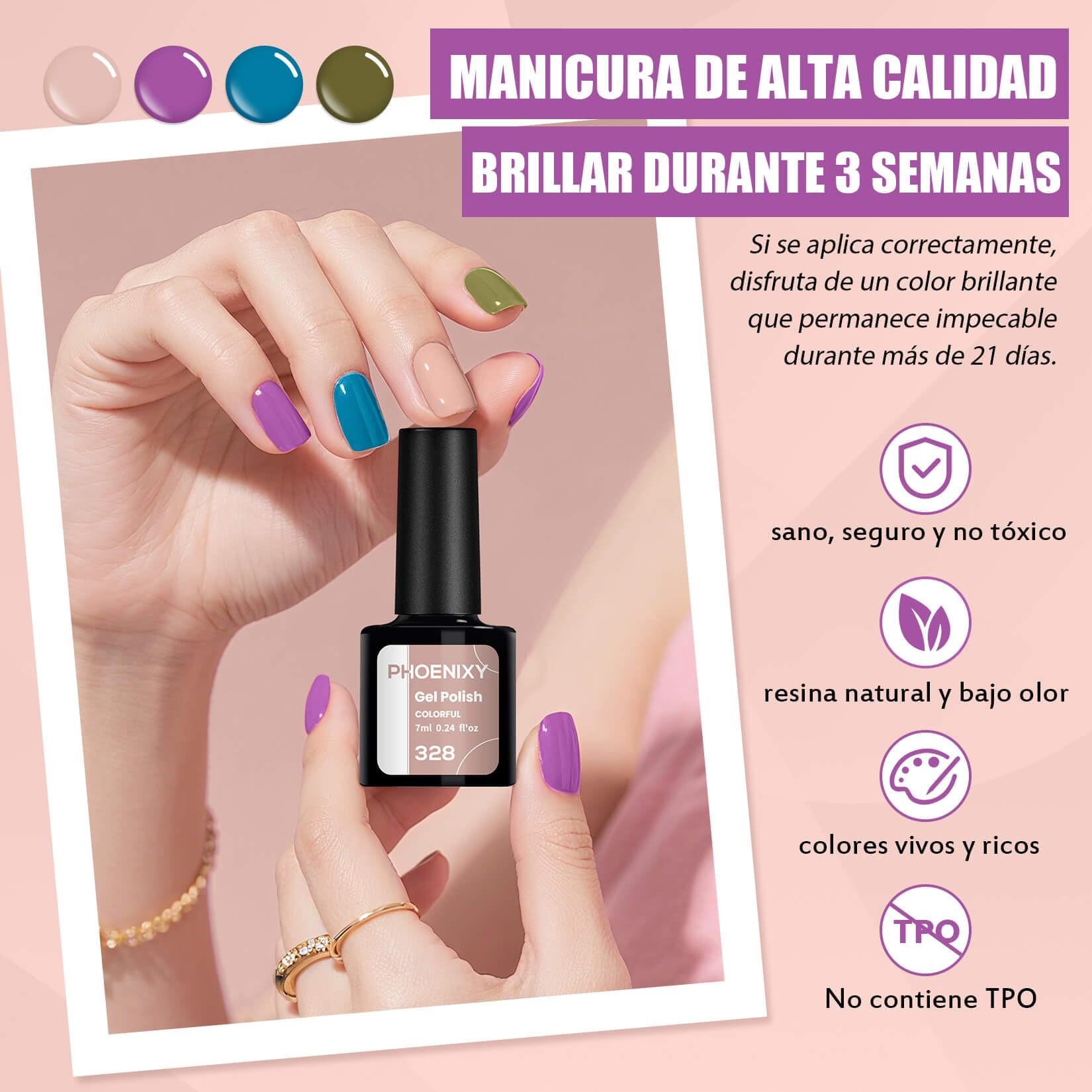 Phoenixy 25 Colores Uñas Semipermanentes Kit Completo con U V/LED Lámpara Kit Uñas Semipermanentes con Base y 4 Top Coat, Azul, Verde, Nail Art en Casa