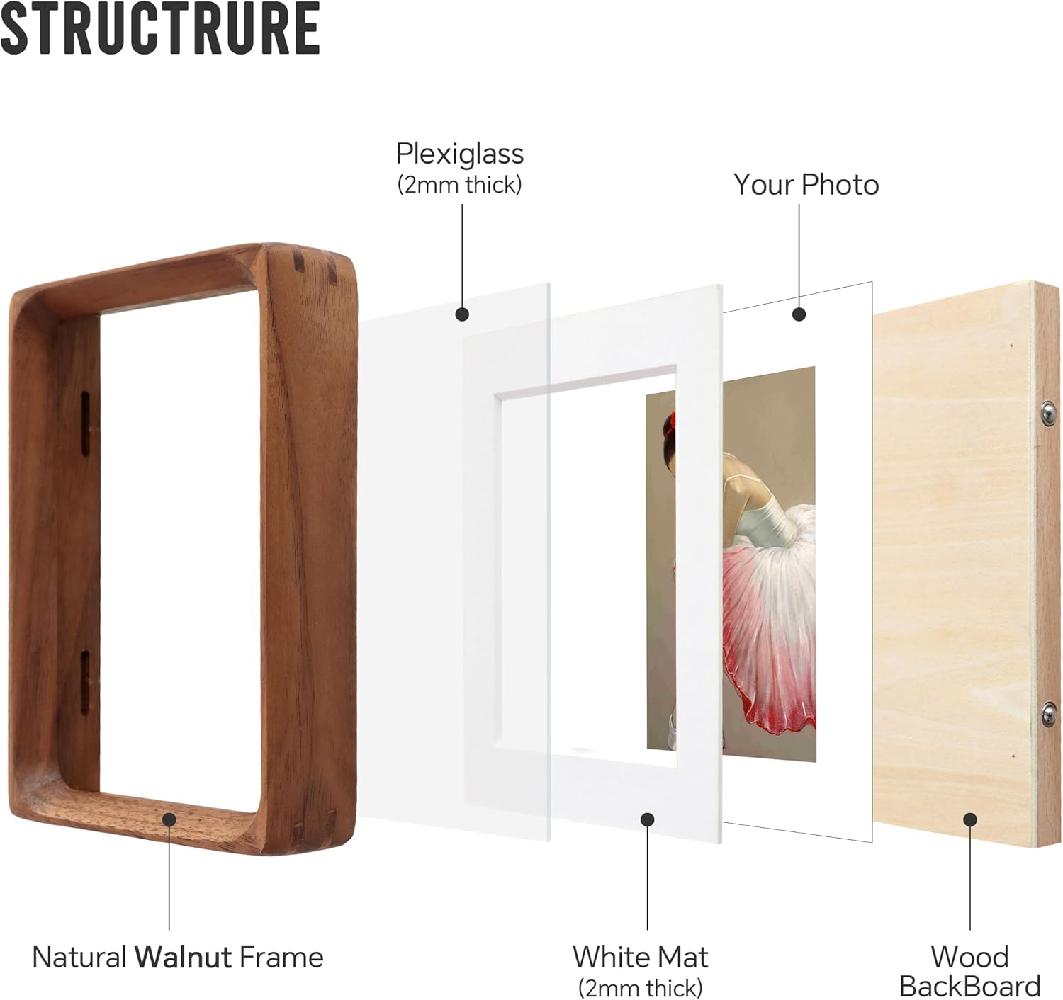 Picture 5x7 with Mat or 6x8 Without Mat,Natural Picture Frame,by Plexiglass,Walnut Wood Photo Frame, Wall or Tabletop Decor Display
