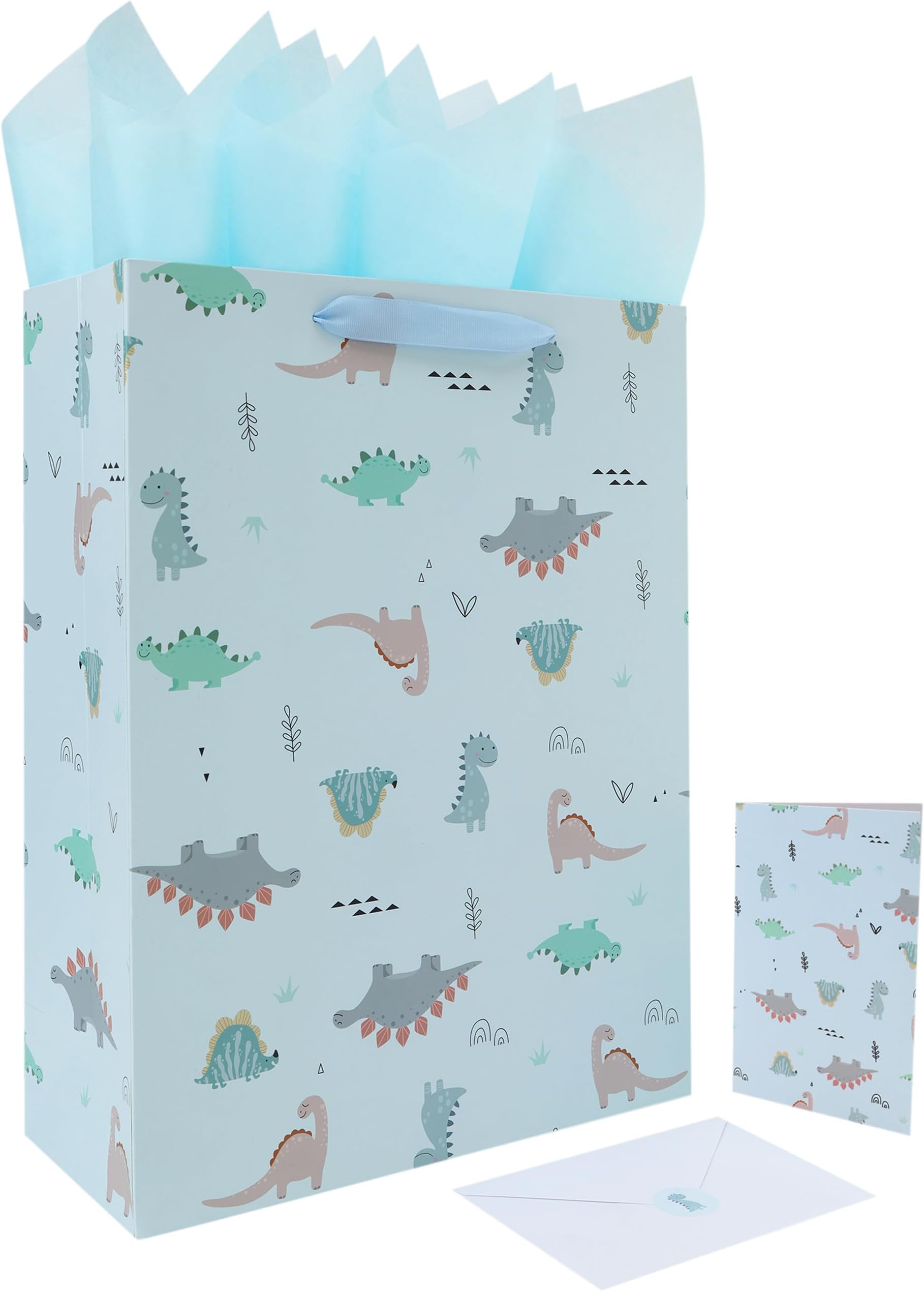 16.5'' Extra Large Dinosaur Gift Bag Set with Handles, Greeting Card, Blue Tissue Papers and Stickers for Boys Kids Teens for Birthday, Baby Shower, Baby Boy, Dinosaur-themed Design, 1 Pcs