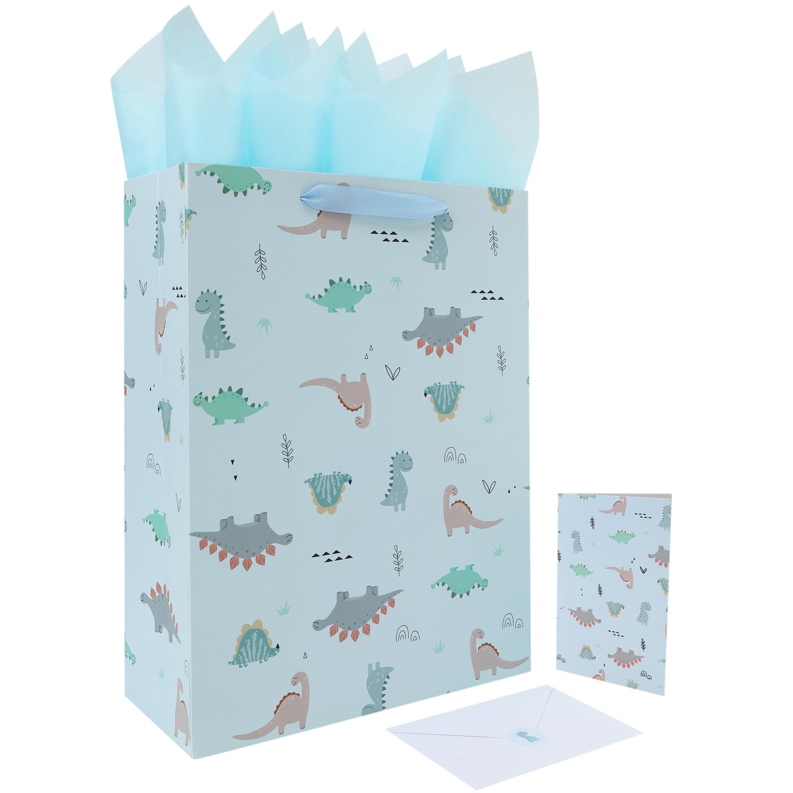 Qirrmiy 16.5'' Extra Large Dinosaur Gift Bag Set with Handles, Greeting Card, Blue Tissue Papers and Stickers for Boys Kids Teens for Birthday, Baby Shower, Baby Boy, Dinosaur-themed Design, 1 Pcs