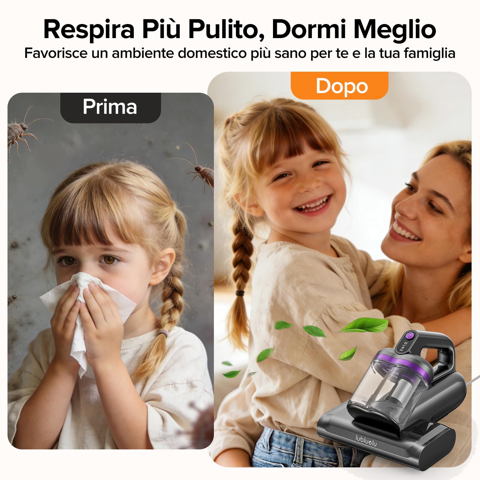 Lubluelu Aspirapolvere Antiacari 3-in-1 per Materassi, Potente Aspirazione 18 kPa, Pulitore per Materassi contro Acari, Polvere e Allergeni, Aspirapolvere Manuale per Letto, Divano, Poltrone e Tessuti