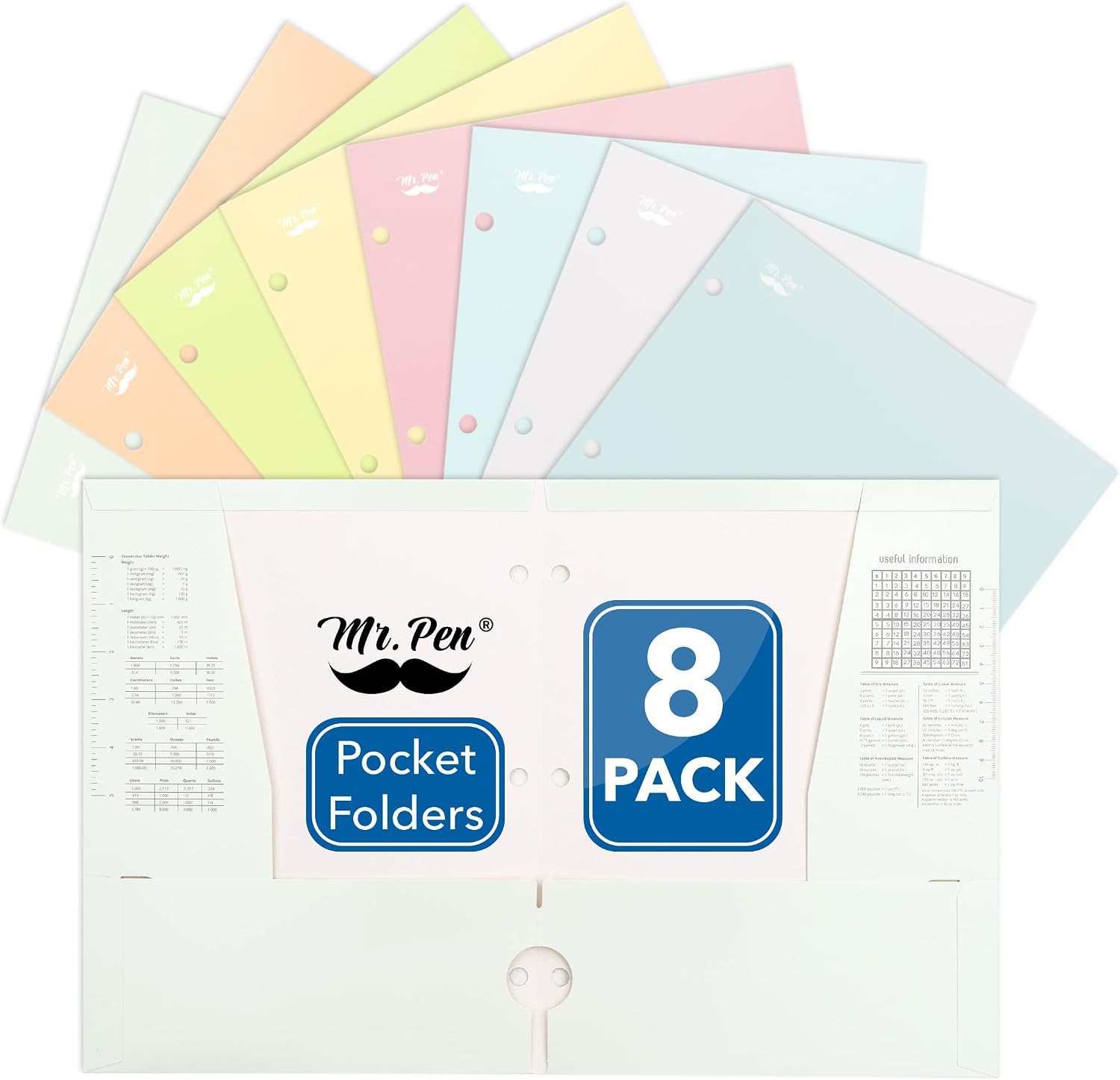 - 4-Pocket Folders, 8 Pack, 12.5"x9.5", Vibrant Color, High Capacity | Tear-Resistant Paper Folders with Pockets 3 Holes Punched, Includes Rulers and Conversion Charts for Binder Organization