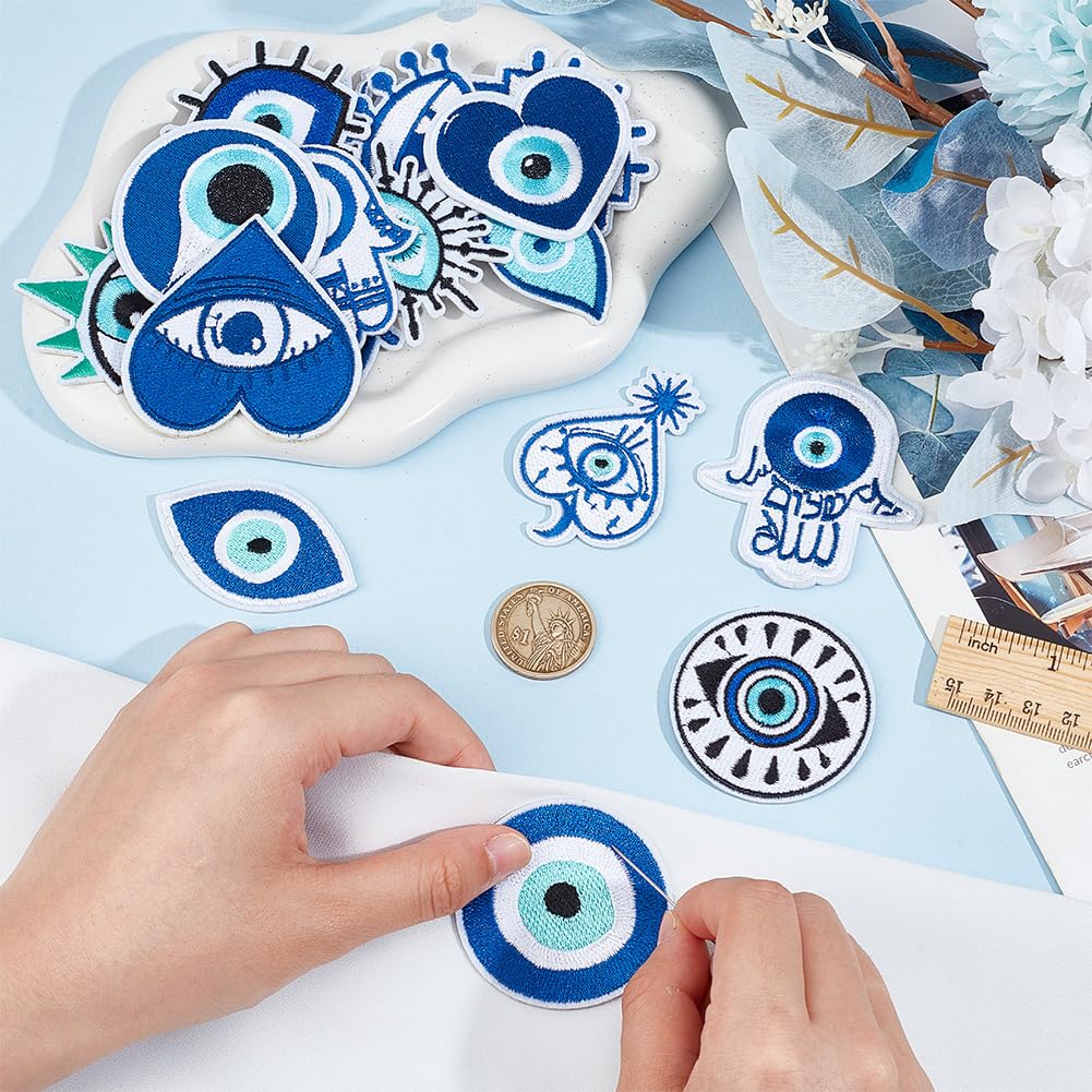 Craspire Patchs De Broderie Sur Le Thème Du Mauvais Œil Adhésif Bleu Main De Hamsa Coeur Amour Lune Thermocollant à Coudre Sur Applique Brodée Patch De Réparation 18 Pièce Artisanat Décoratif