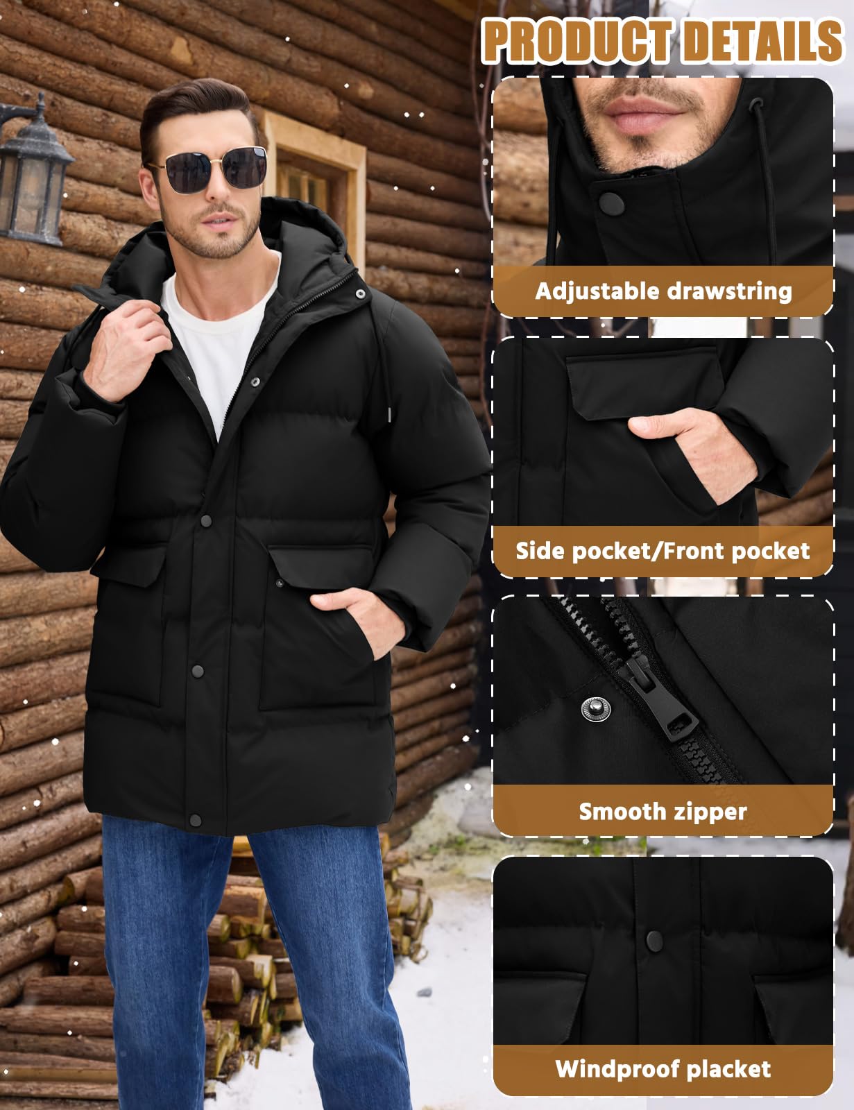 Xnova Manteaux Homme Hiver Décontracté Thermique mi-long Veste avec Capuche Jacket Coupe-vent Manteau Chaude Parka imperméable