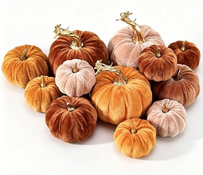 Whaline 12 Pcs Fall Faux Velvet Pumpkins Artificial Fake Pumpkin, 3 Size