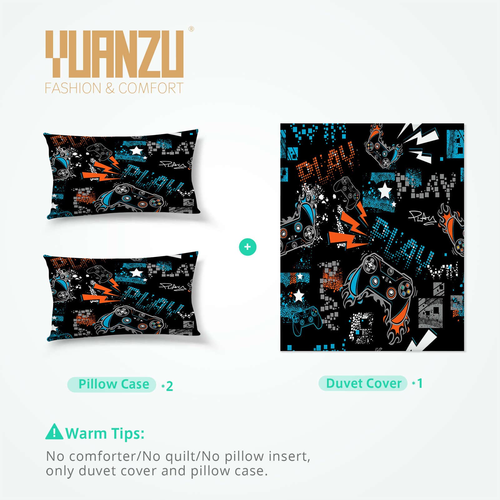 YUANZU Video Game Bedding Set Double for Kids Boys Teens Duvet Cover Set 3 Pieces Gamepad Graffiti Gamer Joystick Printed Soft Microfiber Quilt Cover with Zipper Closure (200 x 200 cm & 2Pillowcase) - Image 4