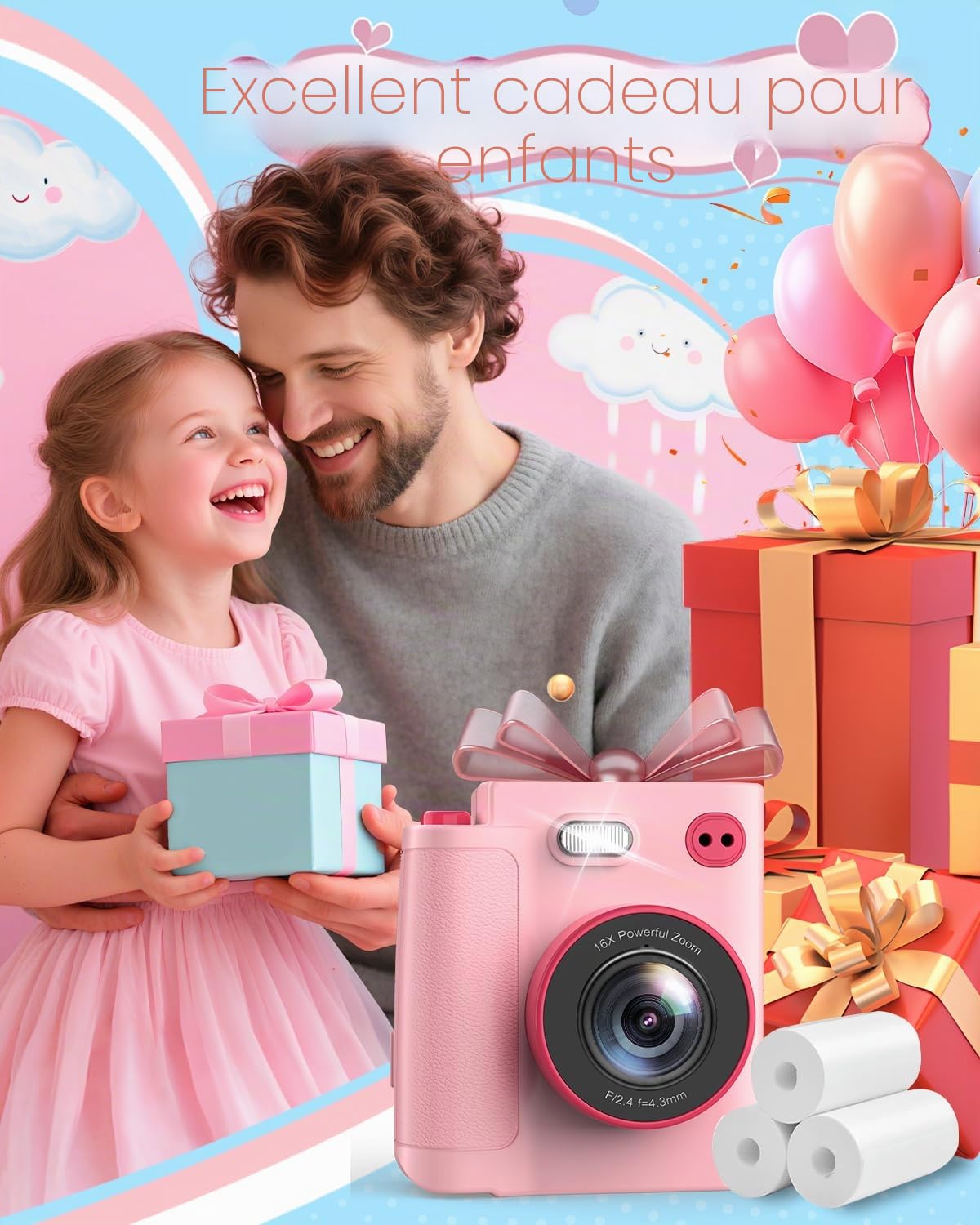 Appareil Photo Instantané Enfants, 1080P Appareil Photo Numérique Enfant & Caméra Vidéo avec Carte de 32GB & Papier d'impression, Noël & Anniversaire Cadeaux pour Garçons/Filles de 3-12 Ans
