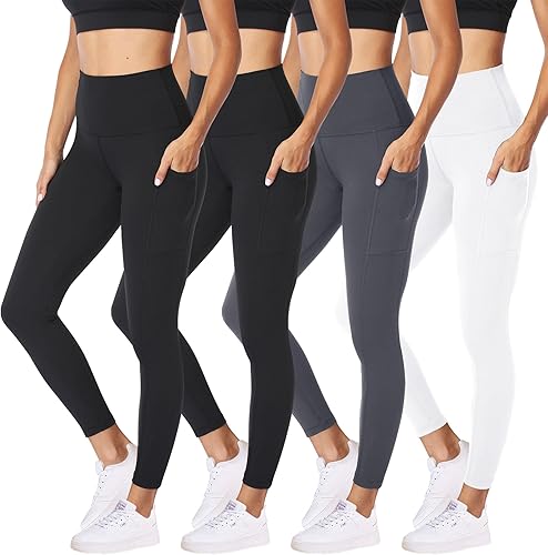 Miniatura 78 de NexiEpoch - Paquete de 4 leggings suaves para mujer, con bolsillos, control de abdomen y cintura alta, pantalones capri para yoga y ejercicio