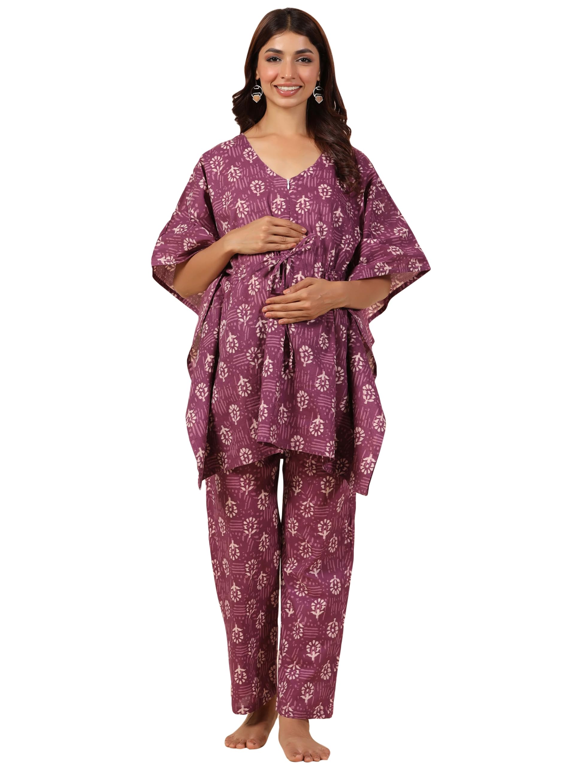 Jaipuri 100% Cotton Maternity Nursing and Feeding Kaftan Night Suit | Center Nursing Zipper | Pre and Post Pregnancy | Color - Burgundy-image-44