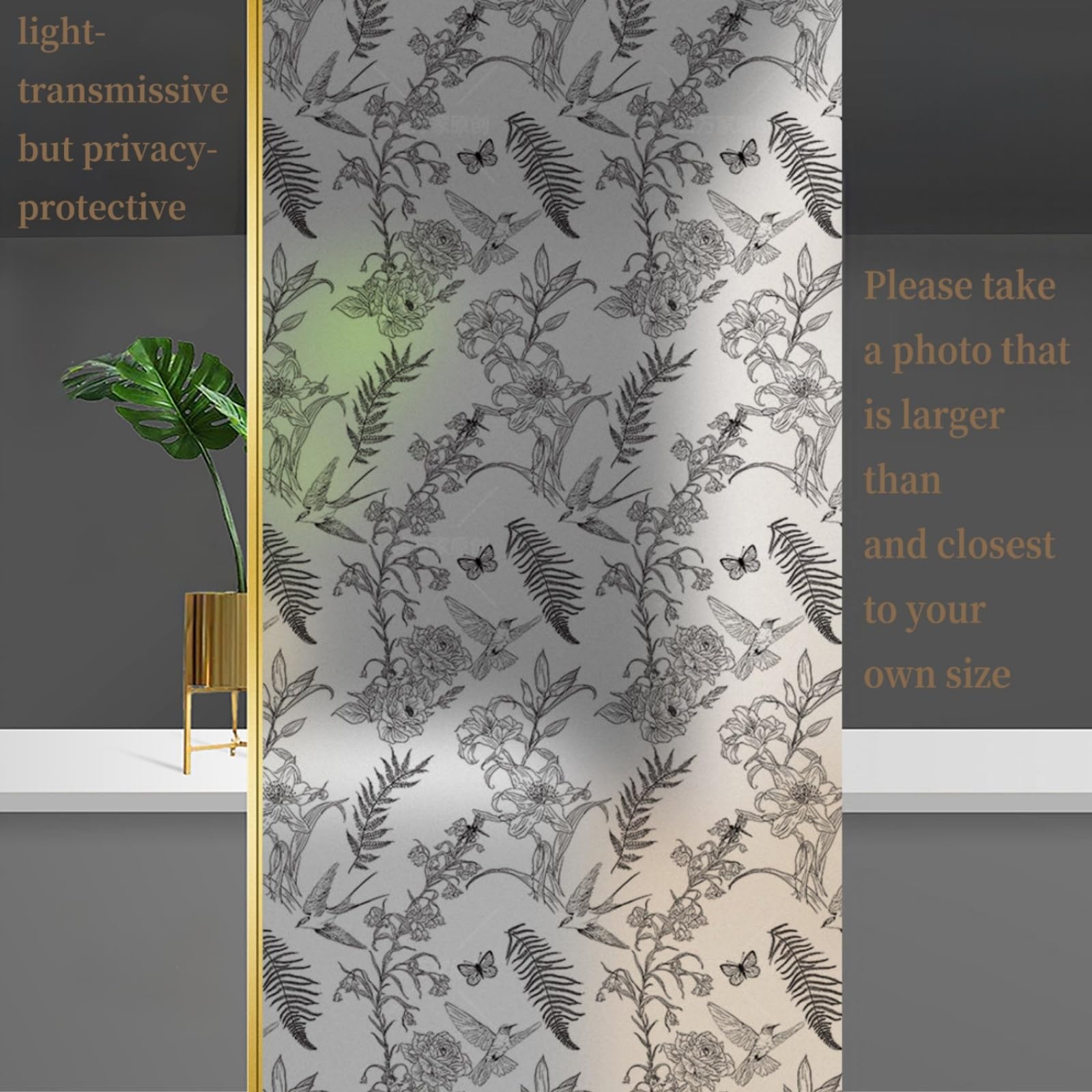 Fensterfolie Blickdicht 90x200CM Blatt Schmetterling Statisch Selbsthaftend Dekorative Folie, Abnehmbare Glasfolien Anti-UV, für Badezimmer küche