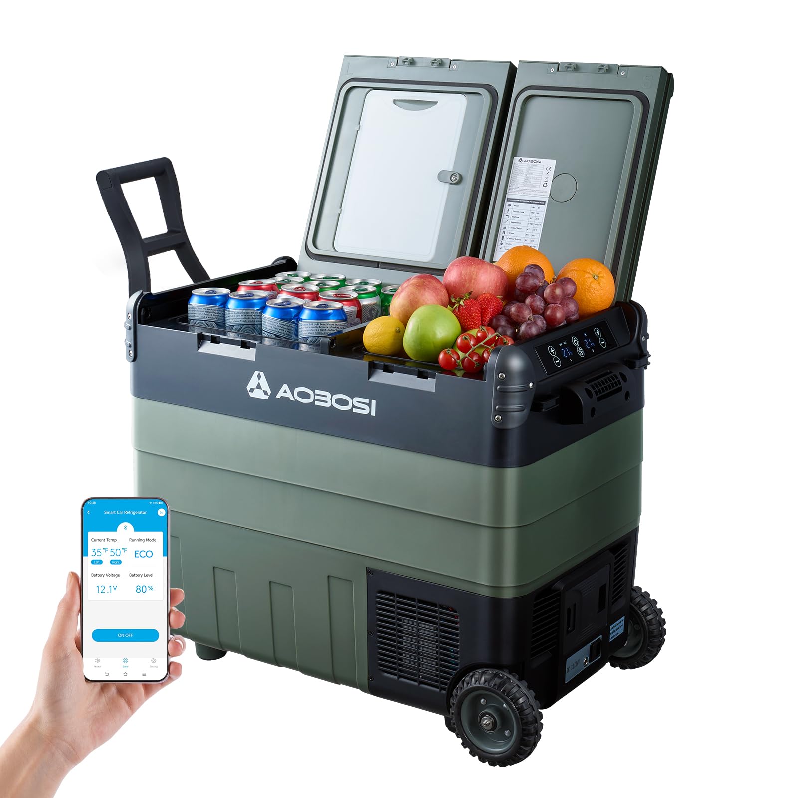 AAOBOSI 12 Volt Car Refrigerator, 53 Quart(50L) Electric Cooler Dual Zone,Car fridge Freezer (-4°F~68°F) 12/24V DC & 100-240V AC with APP Control, Basket and LED Light for Car, RV, Boat, Camping, Home