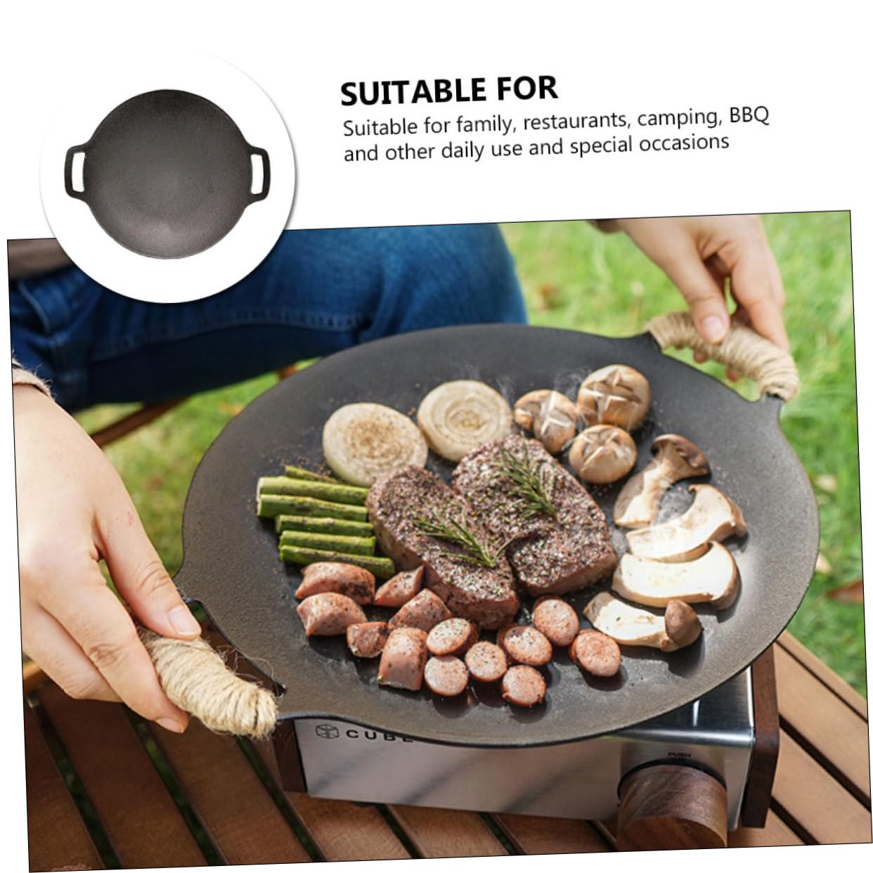 Abaodam Iron Outdoor Barbeque Grill Pan Cast Iron Camping Frying Pan for Bbq Meat for Outdoor Cooking Korean Bbq and Family Gatherings Durable Easy to Clean for Gas
