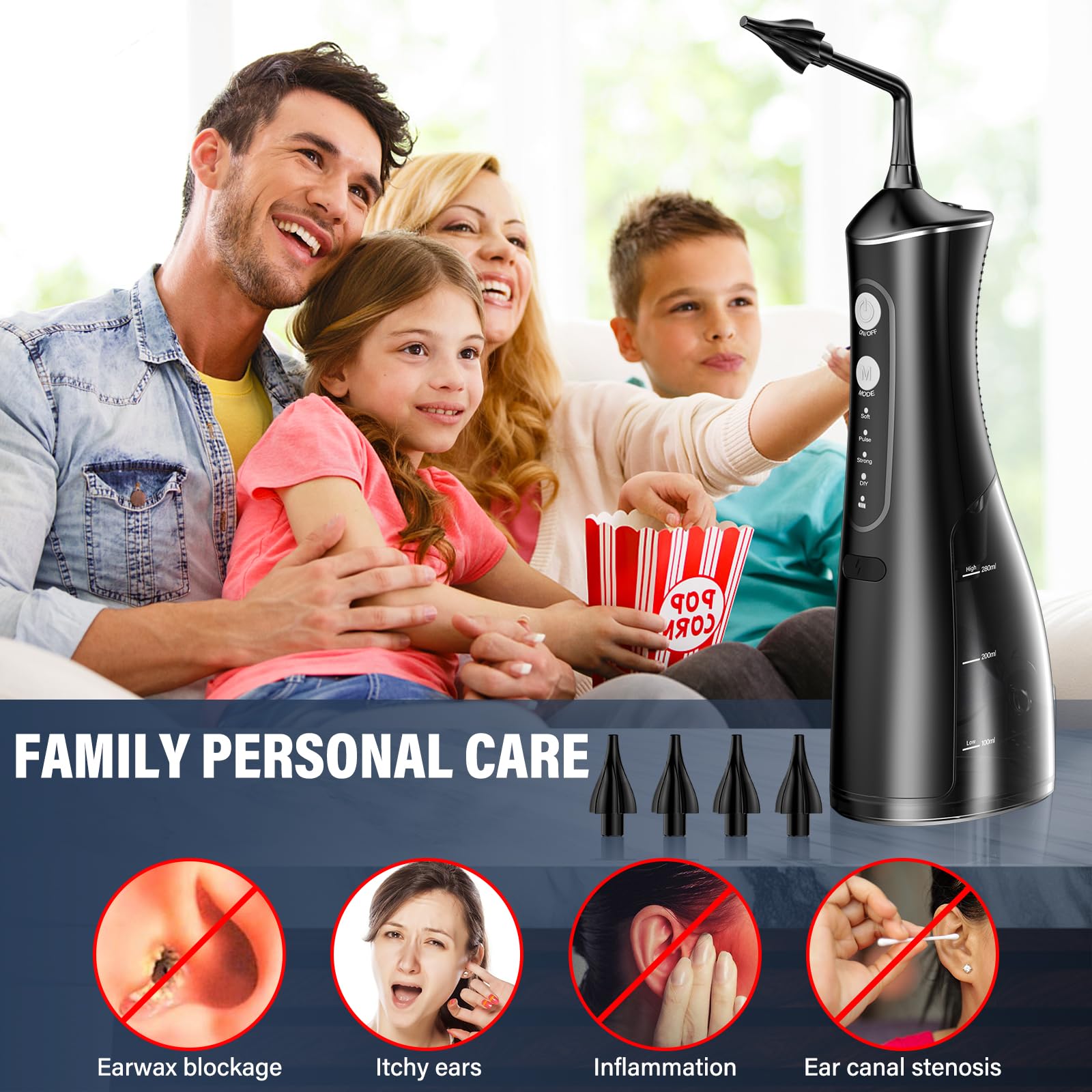 Onherm Cerume Orecchie Pulitore Elettrico Ricaricabile, Kit per Pulizia Orecchie con 4 Modalità per Adulti e Bambini, Kit per Pulisci Orecchie Cerume con 4 Tappi Orecchie e Bacinella