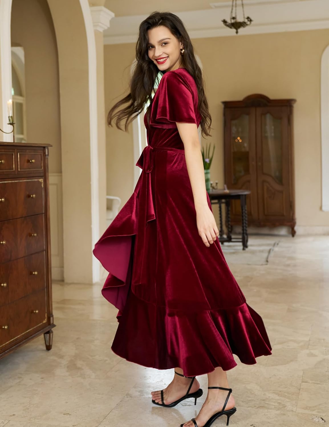 Women's Velvet Maxi Dress Boho V Neck Wrap Dress for Wedding Guest Fall Maternity Formal Dress with Pockets - Image 3