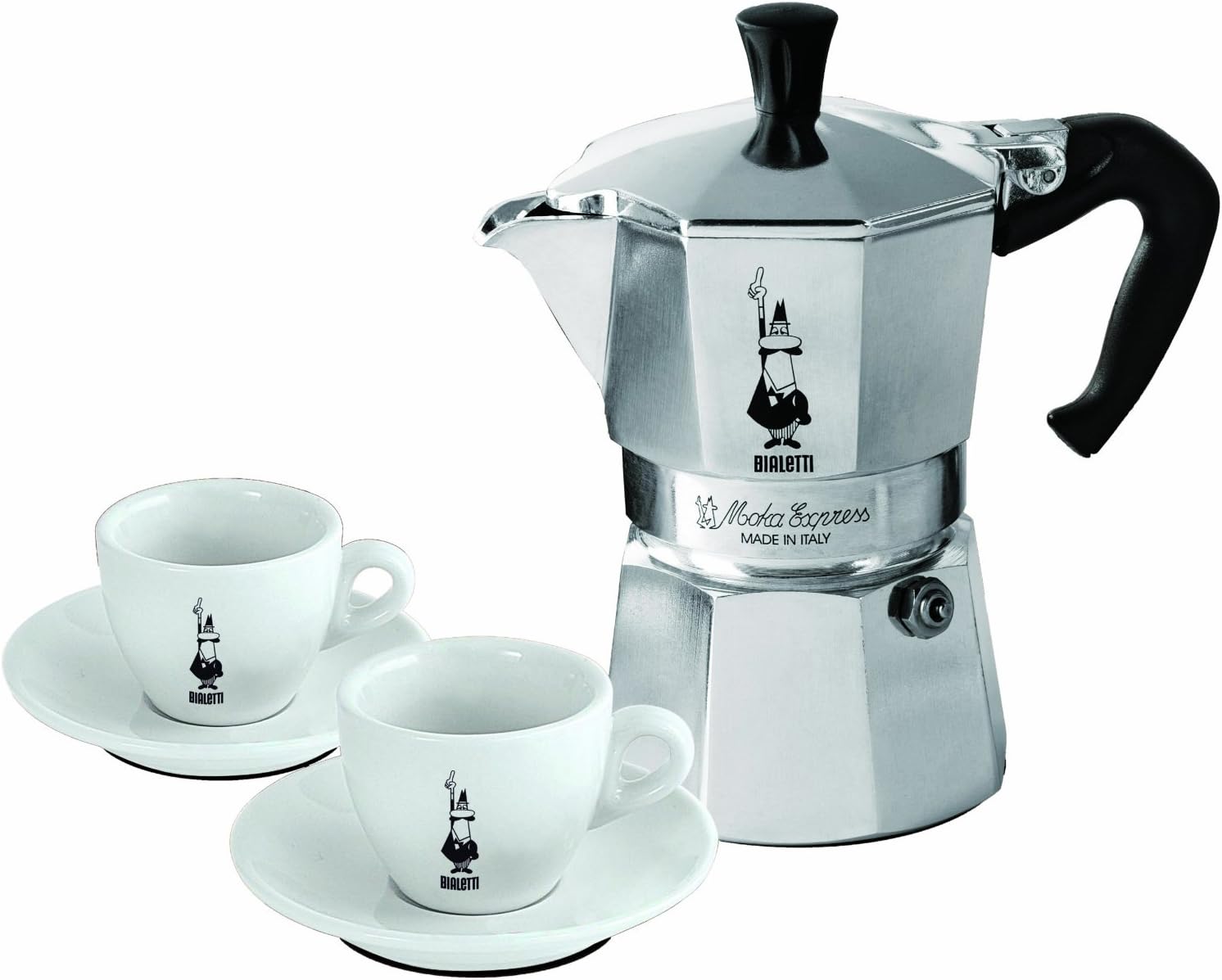Bialetti: Set Moka Express (1 Moka Express 3-Cups + 2 Bialetti Coffee Cups with Saucers) [ Italian Import ]