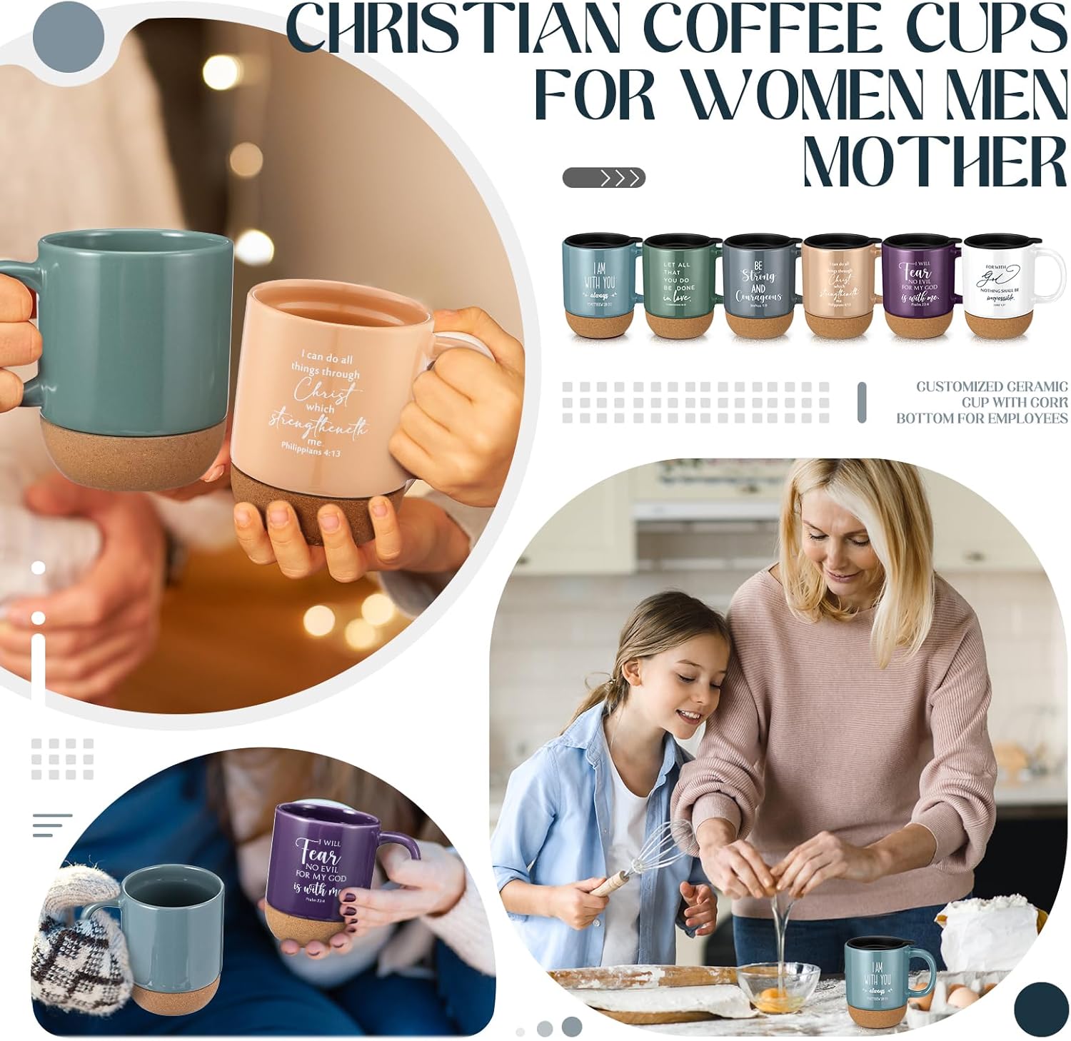 6 Pcs Christian Coffee Mug Bulk 15 oz Religious Cork Bottom Cup with Verses Inspirational Gift for Women Men Church Study Group Member Sunday Pastor Clergy Easter Holiday Gifts