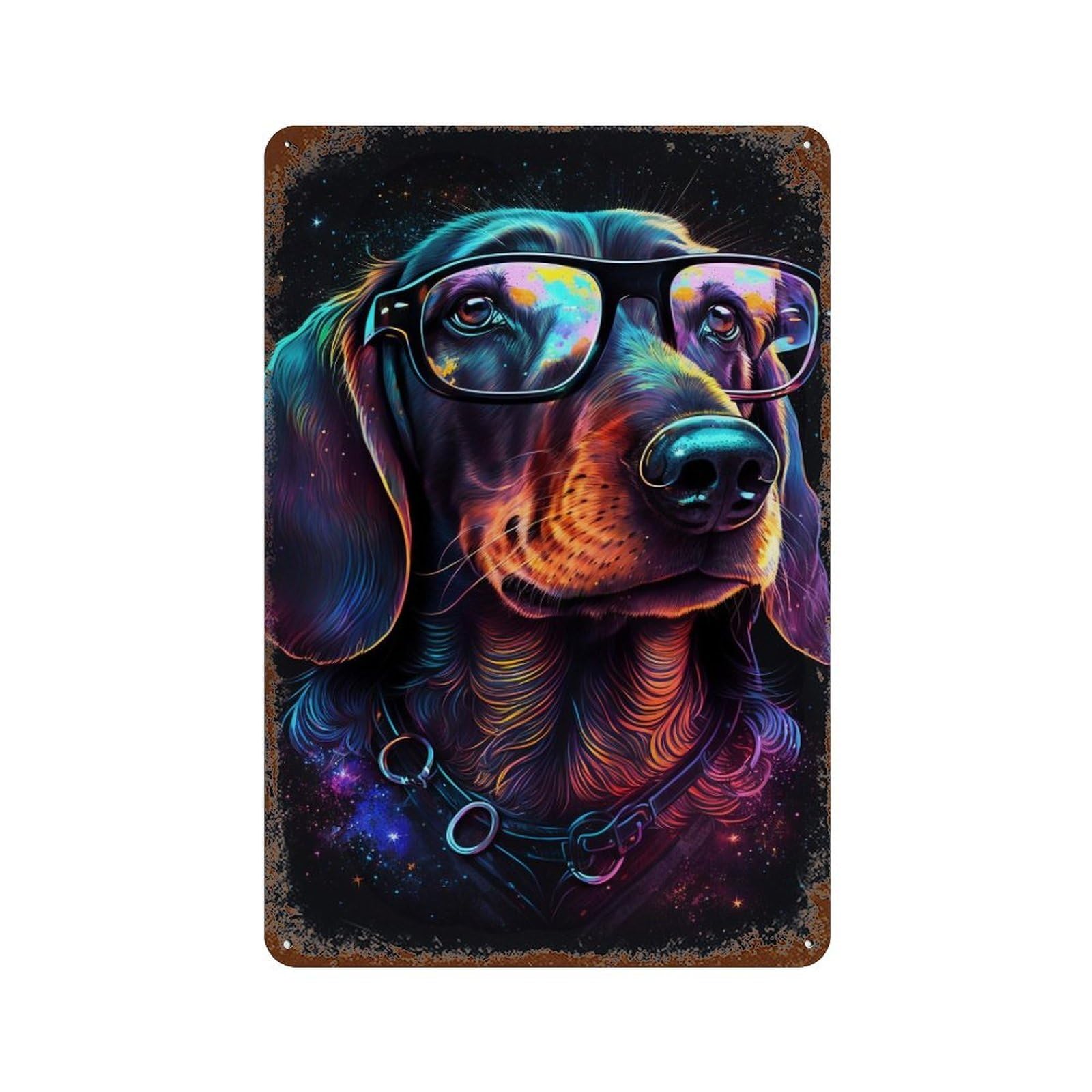 Neon Dog Glasses Art Print -1 Decorative Tin Sign 11.8"x7.9", for Bistro, Counter And Cafe Decor, Novelty Wall Decor