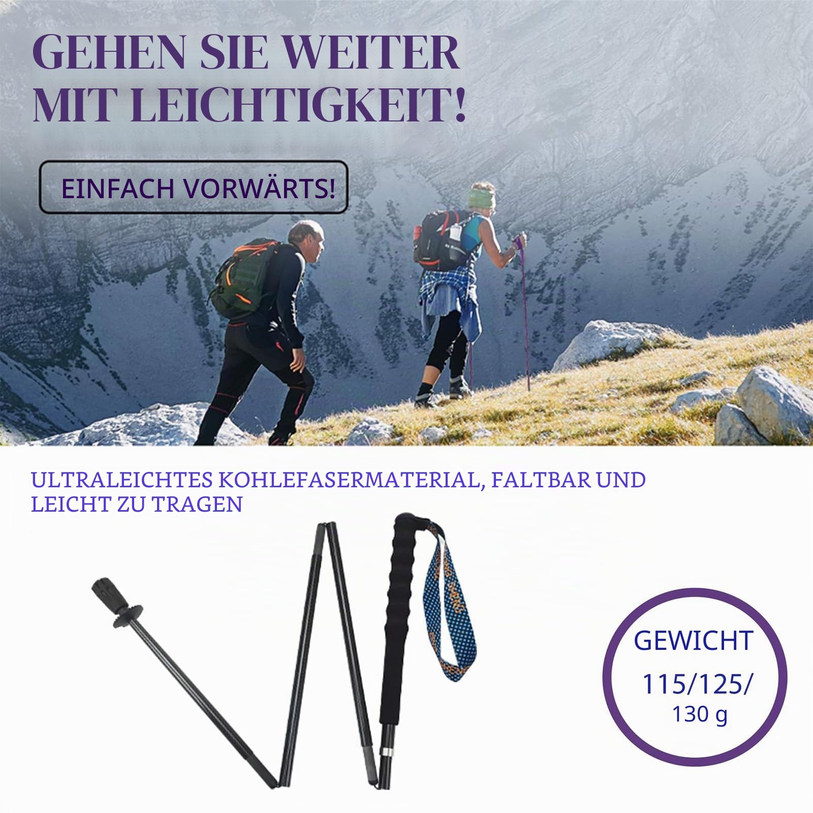 OKHEALING Ultraleichte Trekkingstöcke Faltbar 2er Set Ultraleicht Kohlefaser Trail Stöcke mit Feuchtigkeitstransport Griff mit Aufbewahrungstasche