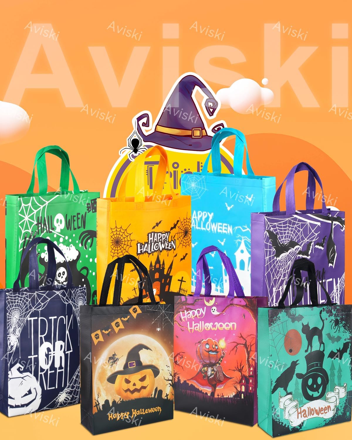 Aviski 8PCS Halloween Trick or Treat Bags, Non-Woven Large Gift Tote Bags with Handles for Gifts Wrapping, Halloween Party Supplies, 15 * 11.8 * 3.9inch - Image 4