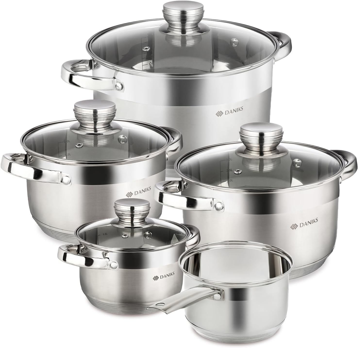 Daniks Standard Stainless Steel Kitchen Induction Pot Cookware Set | 9-Piece | Dishwasher Safe Pots | Saucepan 2 Quart + 2 Quart + 3 Quart + 4 Quart + 6 Quart | Measuring Scale | Silver 9 Pieces Set
