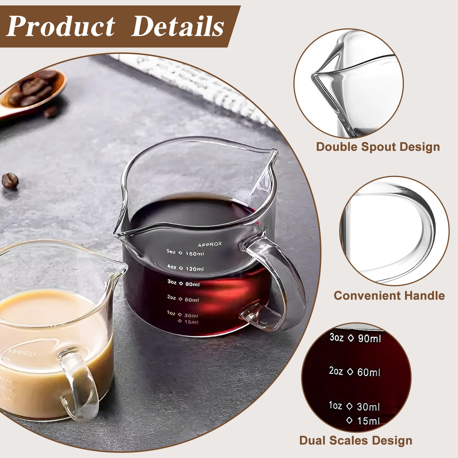 4 filiżanek do espresso ze szczotką, 75/150 ml, kubek z miarką, szklany z podwójnym dziobkiem i skalą, uchwytna