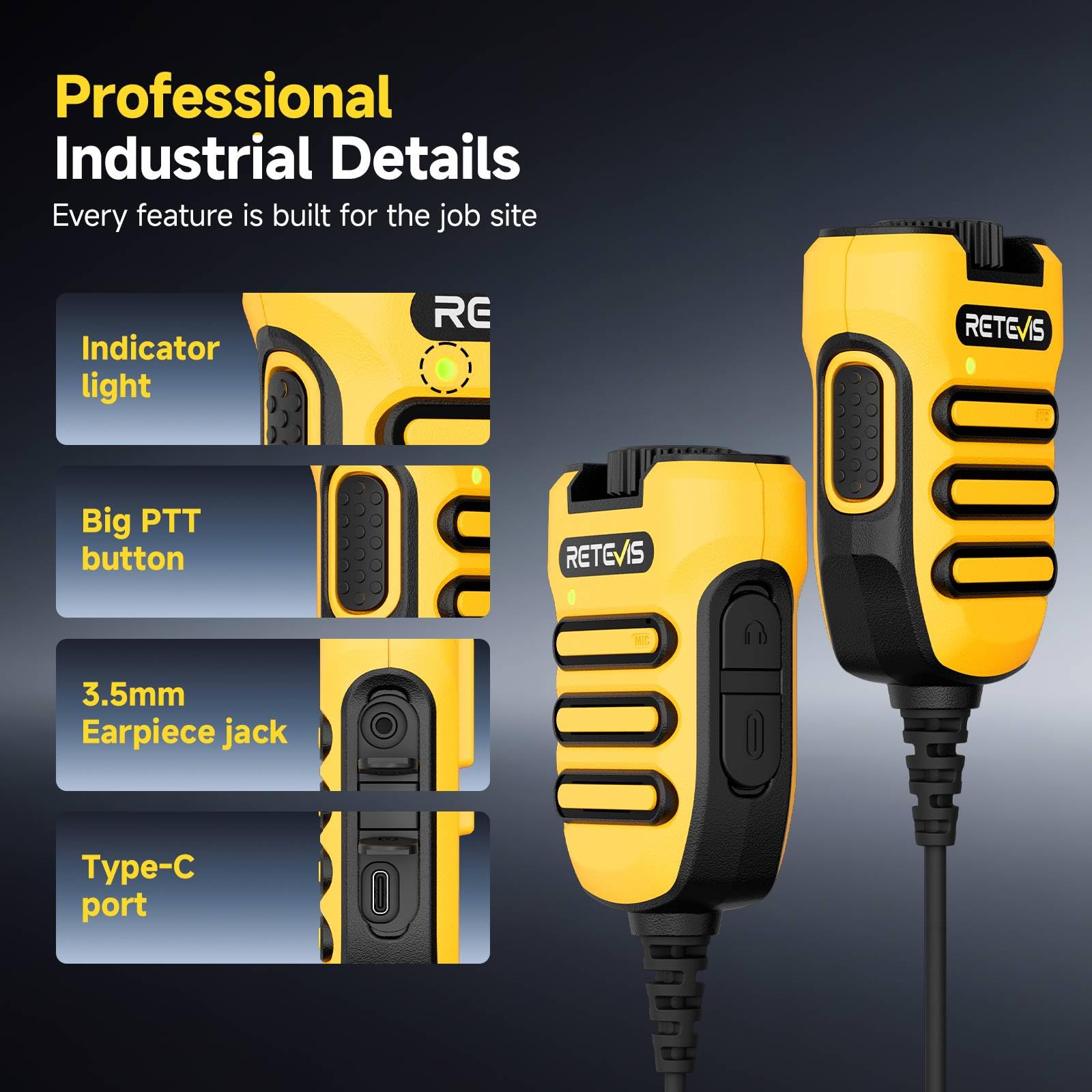 Retevis RB648 - Microfono radio a mano, cancellazione intelligente del rumore, stabile IP67, impermeabile, 1200 mAh, connettore per auricolari USB-C da 3,5 mm, volume regolabile per uso in cantiere (2