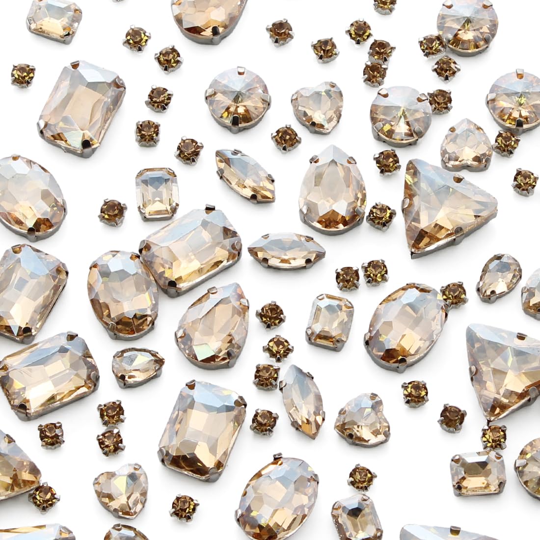 TANOSII Sew on Rhinestones 100 PCS Mixed Shapes Glass Rhinestones Sew on Crystal Gems Mental Flatback with Silver Claw for Jewelry Crafts Clothes Shoes Costume Garment Champagne