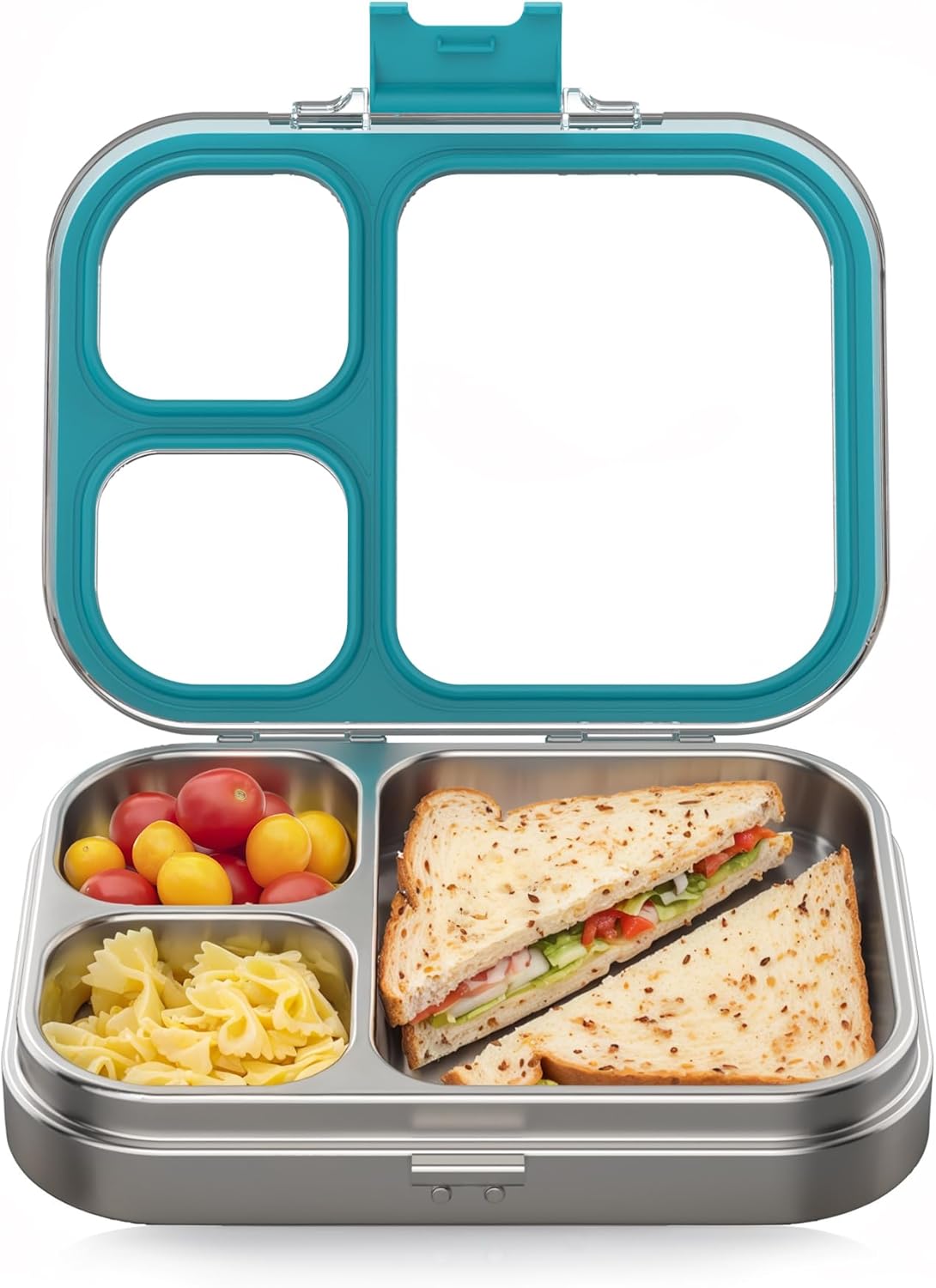 Stainless Steel Lunch Box, 3 Compartments Metal Bento Box for Kids Adults, Leak-Proof Lunch Box for School Office, Dishwasher Safe, BPA-Free, Tritan Lid, Blue