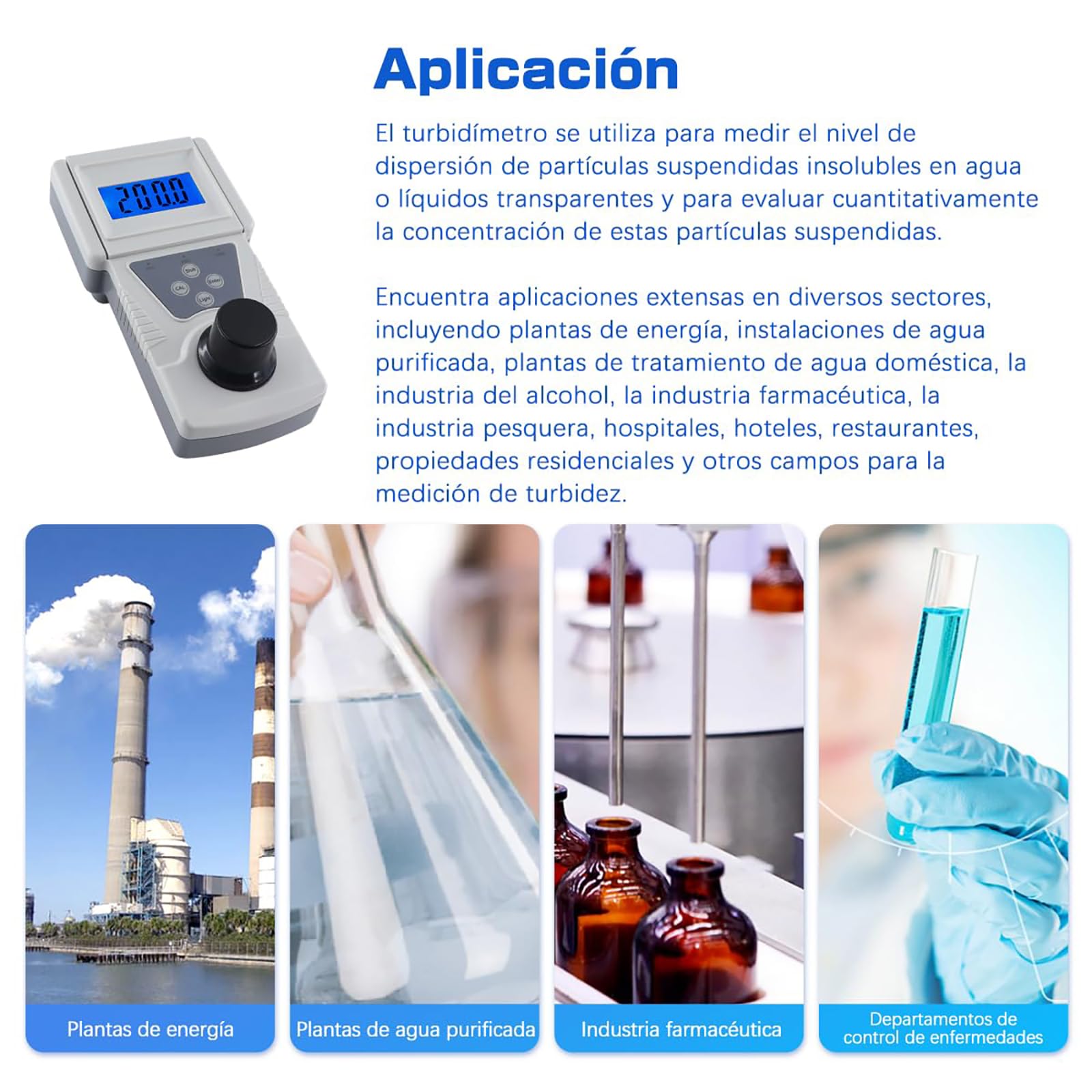 Turbidímetro Portátil, Turbidímetro Digital de Mano de Alta Precisión, Rango de Medición de 0-200 NTU, para la Determinación de la Turbidez en Plantas Industriales de Energía Hidráulica