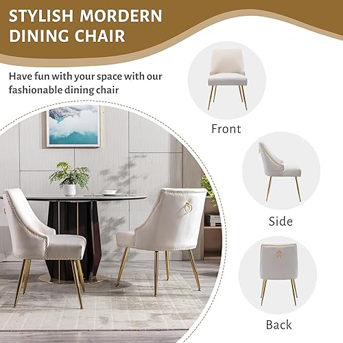 Miniatura 10 de KCC Juego de 2 sillas de comedor de terciopelo con respaldo con remaches, tira de anillo de extracción y terminación con patas doradas para cocina y