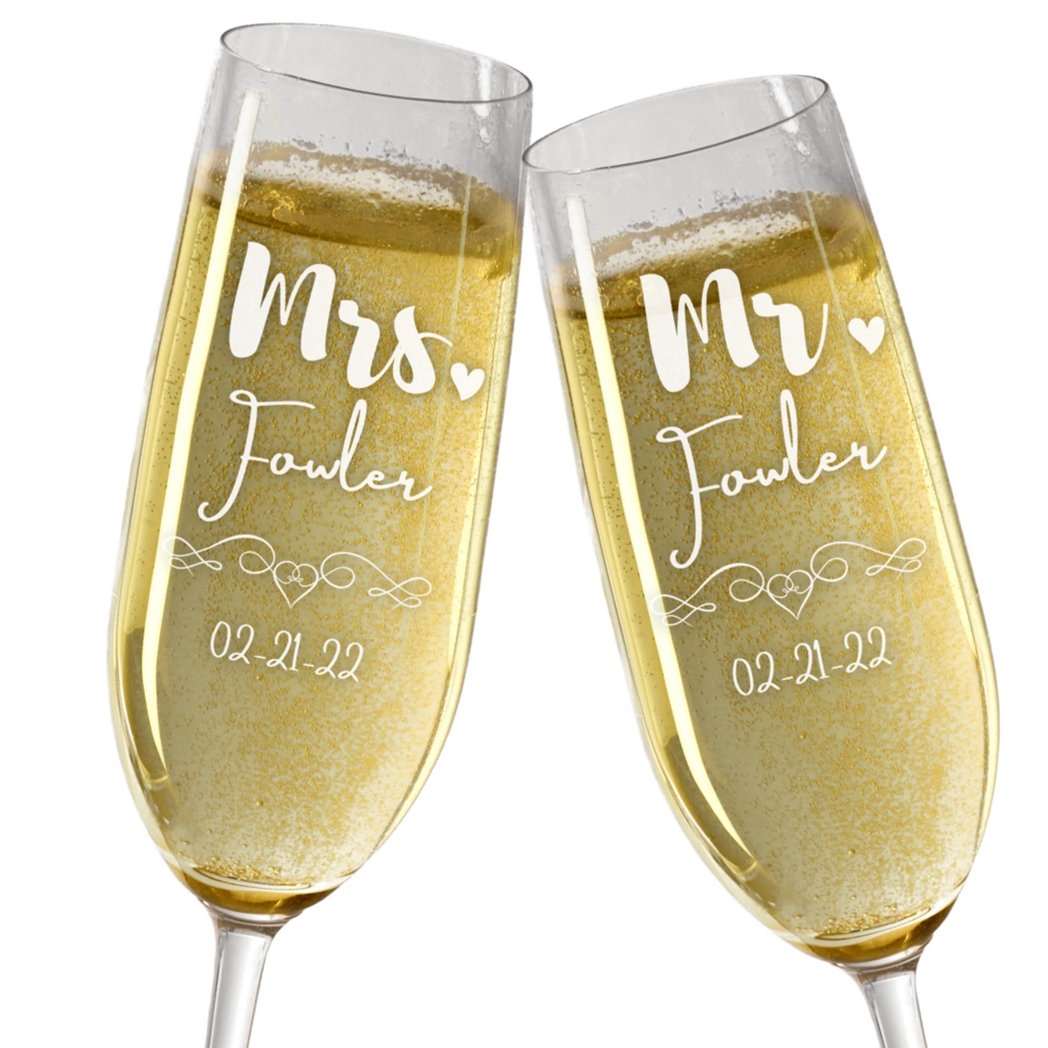 LAS VILLAS DESIGNS Personalized Wedding Champagne Flutes | Set of 2 Toasting Glasses | Mr. and Mrs. Love Design with Last Name, Date, and Vine | Clear Glass | Fully Customizable