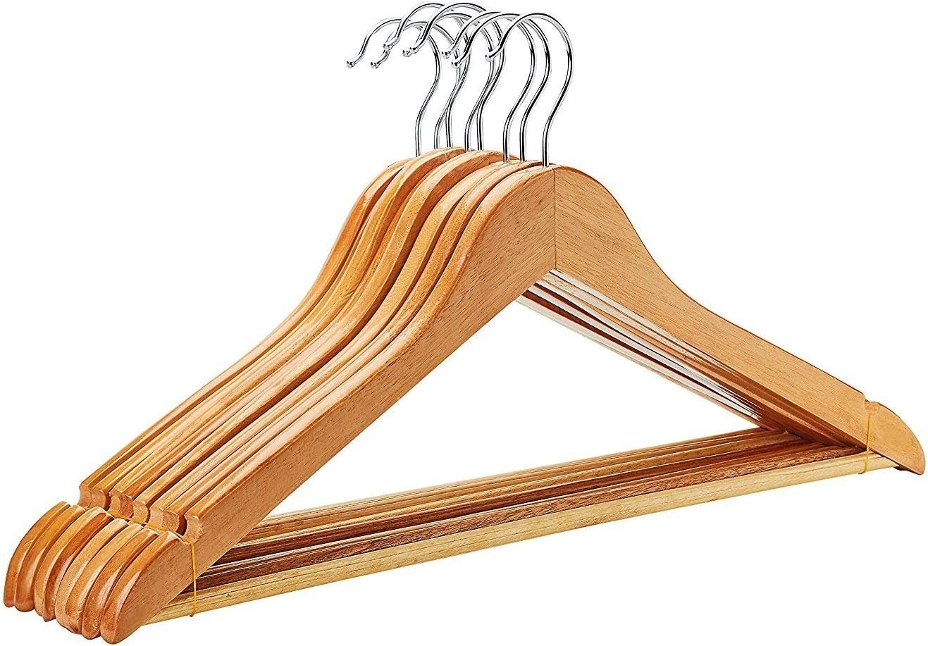 FloridaBrands Wooden Dress Hangers, Natural Wood Suit Clothes Hangers with High Grade Extra Smooth Finish & Chrome Hook to Organize Your Wardrobe - (Pack of 16)