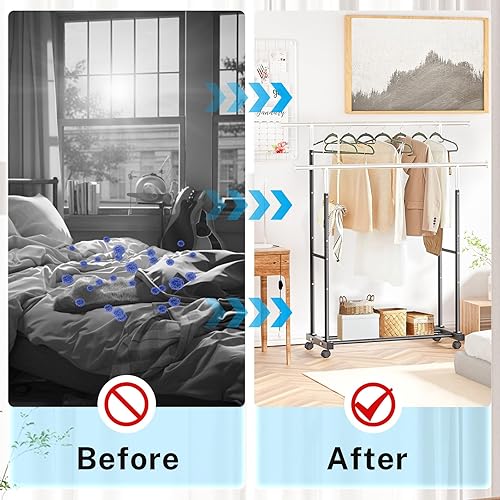Miniatura 6 de VICERII Perchero de ropa de doble barra con altura extra, perchero de ropa de 51.97 pulgadas de largo con ruedas, perchero con estantes inferiores y