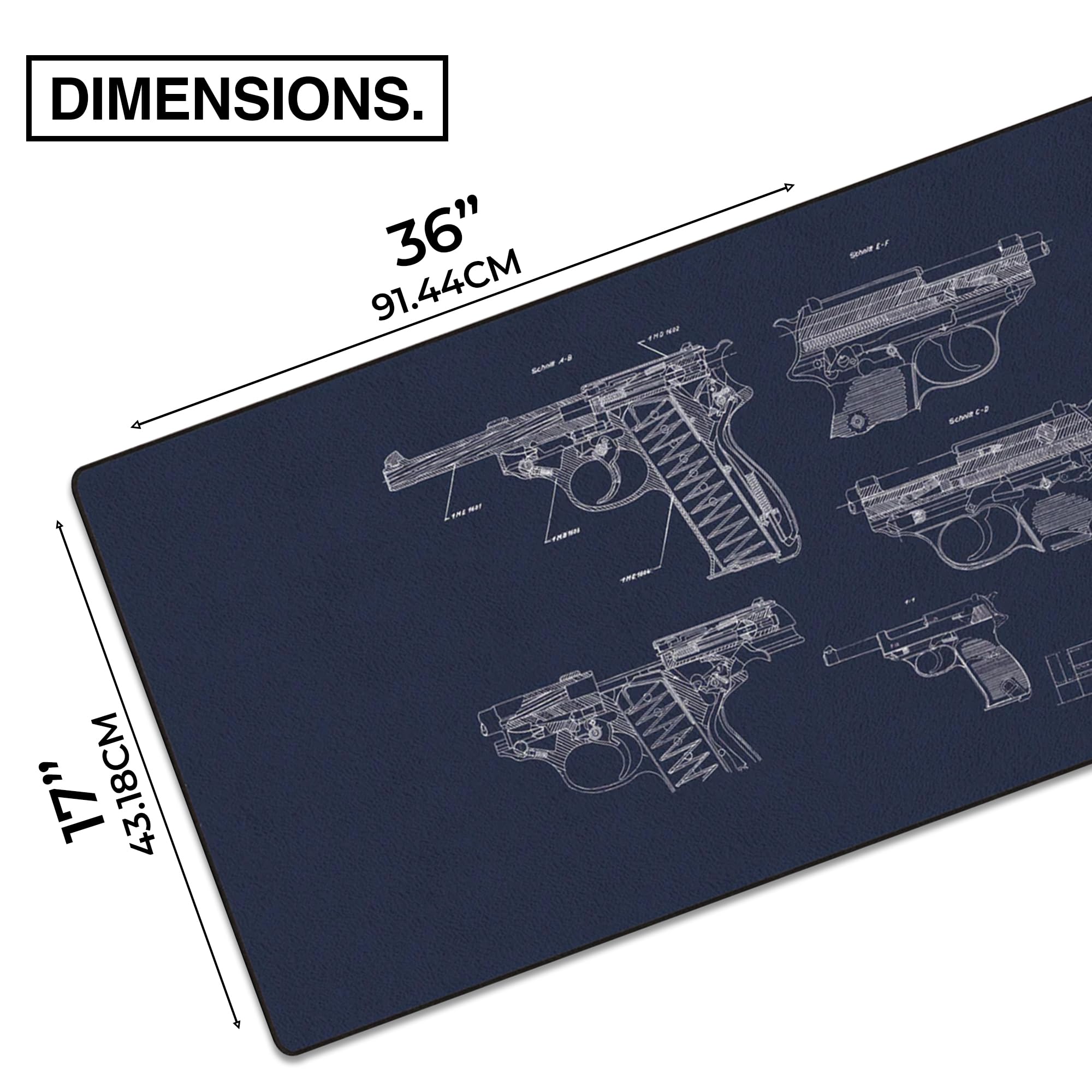 MPCO. Tappetino per scrivania da gioco originale – 91,4 x 43,2 cm Duraglyde Blueprints Pistol 38 – Tappetino per mouse da scrivania blu per una precisione fluida – Tappetino per mouse antiscivolo